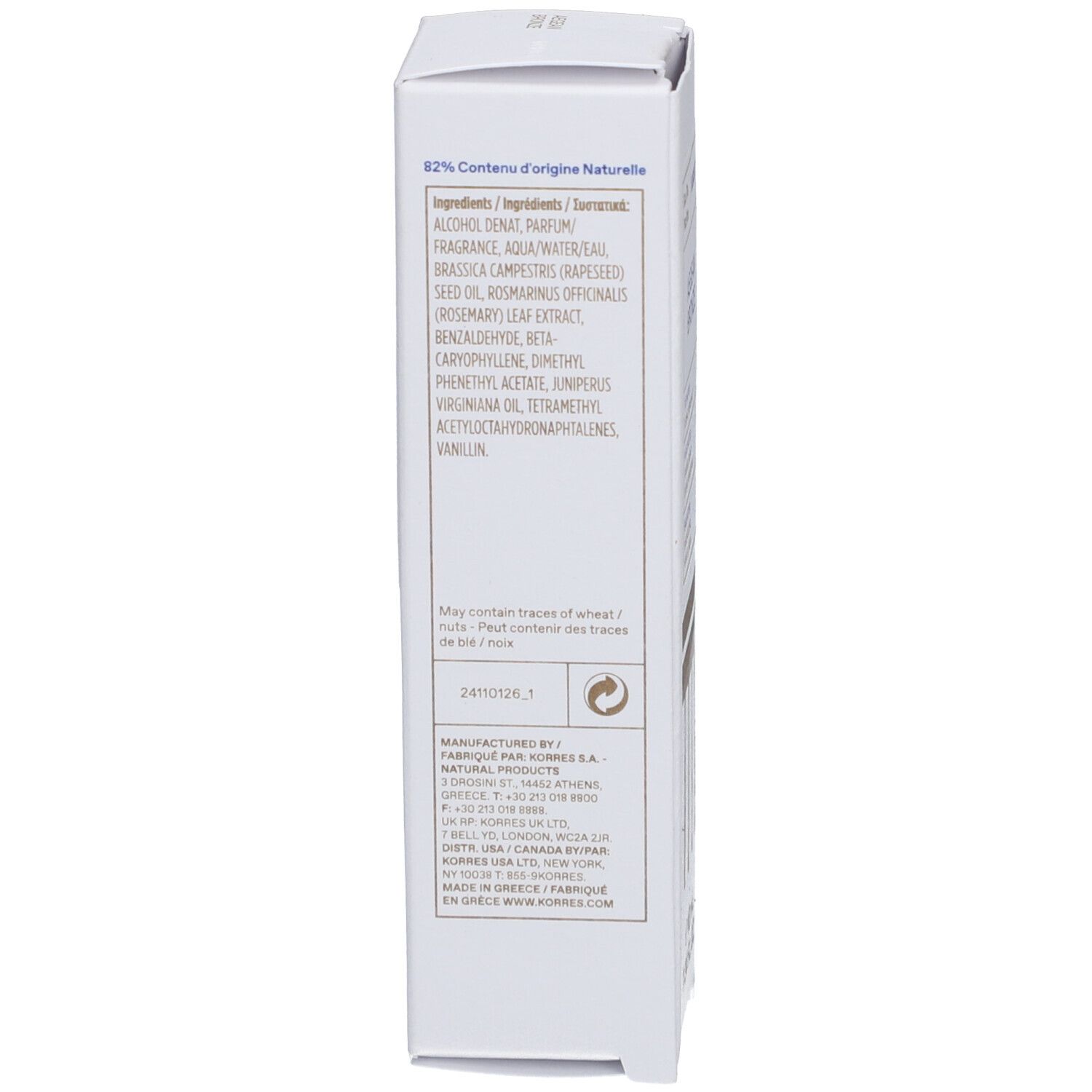 Korres Aegean Bronze Eau de Parfum Roll-On. Rückseite der Verpackung. Text: Inhaltsstoffe, 82% natürlichen Ursprungs.
