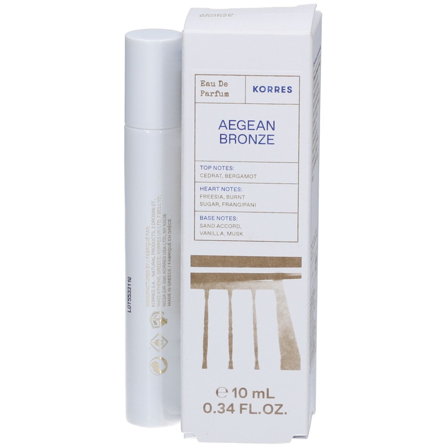 Korres Aegean Bronze Eau de Parfum Roll-On. Weiße Verpackung und Flakon. Text: Aegean Bronze, 10 ml, 0.34 FL. OZ.