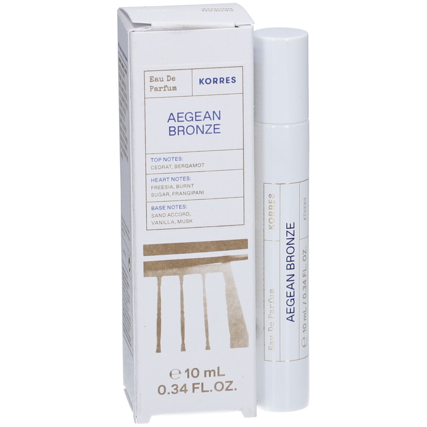 Korres Aegean Bronze Eau de Parfum Roll-On. Weiße Verpackung und Flakon. Text: Aegean Bronze, 10 ml, 0.34 FL. OZ.