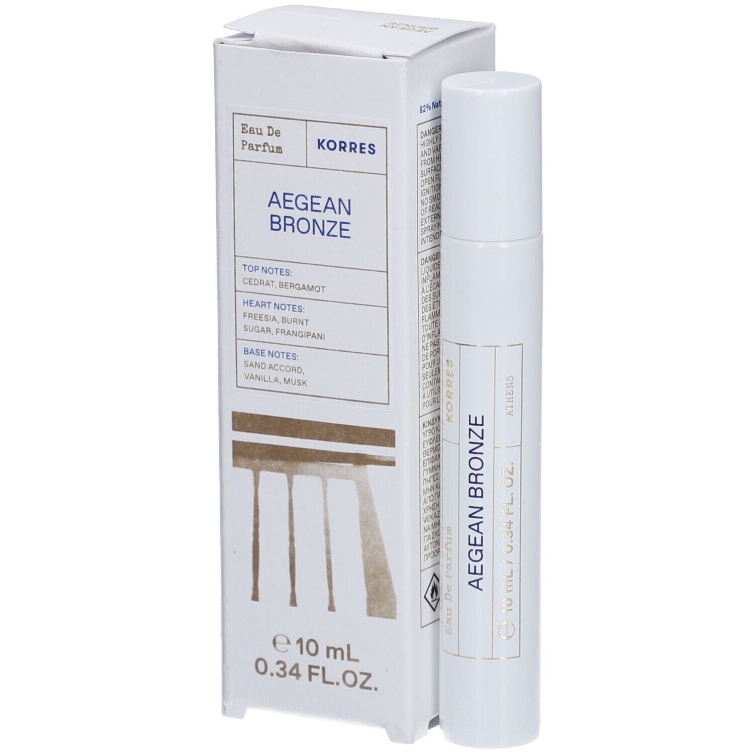 Korres Aegean Bronze Eau de Parfum Roll-On. Weiße Verpackung und Flakon. Text: Aegean Bronze, 10 ml, 0.34 FL. OZ.