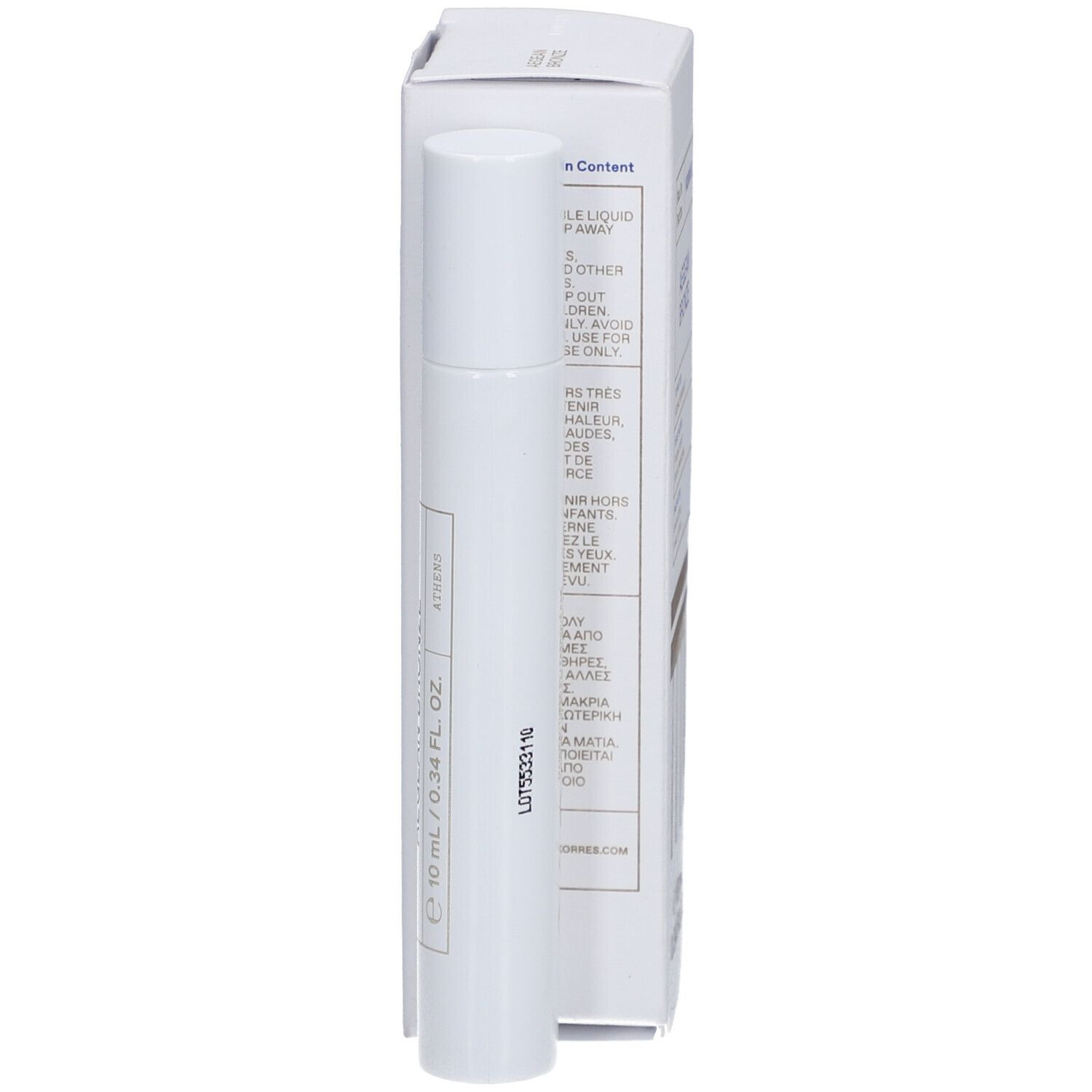 Korres Aegean Bronze Eau de Parfum Roll-On. Flakon und Verpackung. Text: Aegean Bronze, 10 ml, 0.34 FL. OZ.