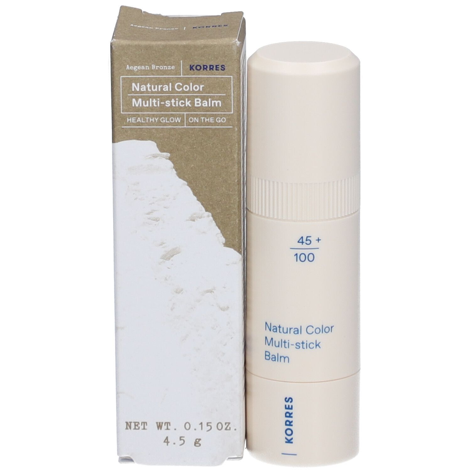 Baume multi-stick beige et emballage. Inscription : Natural Color Multi-stick Balm, Korres. Poids : 4,5 g.