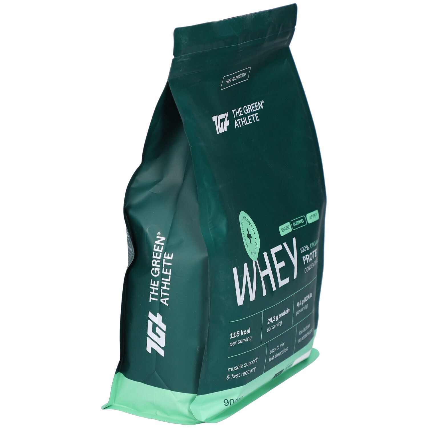 Grüner Beutel mit "WHEY" und "THE GREEN ATHLETE" Aufdruck. Seitenansicht. Enthält 100% Bio-Proteinkonzentrat. Angaben zu Kalorien, Protein und BCAAs.
