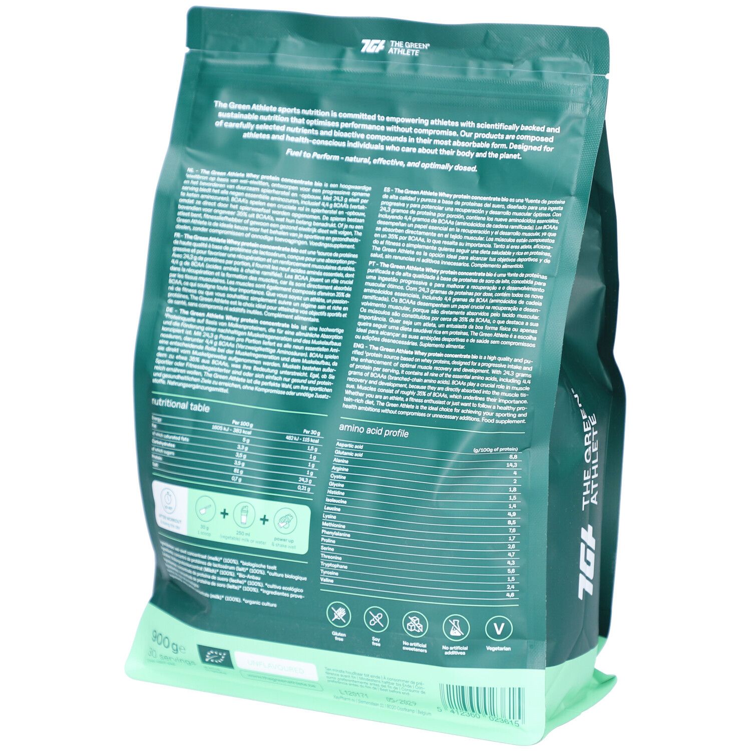 Grüner Beutel mit Text. Rückseite mit Nährwerttabelle, Aminosäureprofil und Logos. "THE GREEN ATHLETE" Logo.