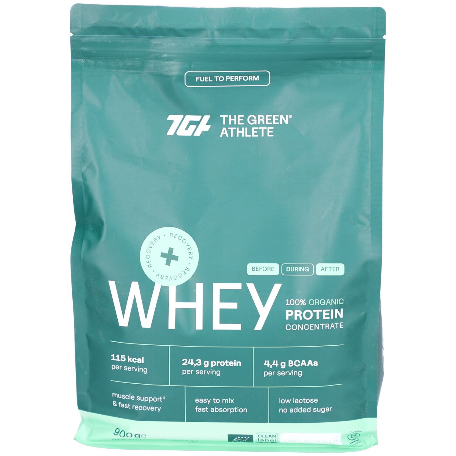 Grüner Beutel mit "WHEY" und "THE GREEN ATHLETE" Aufdruck. Enthält 100% Bio-Proteinkonzentrat. Angaben zu Kalorien, Protein und BCAAs.
