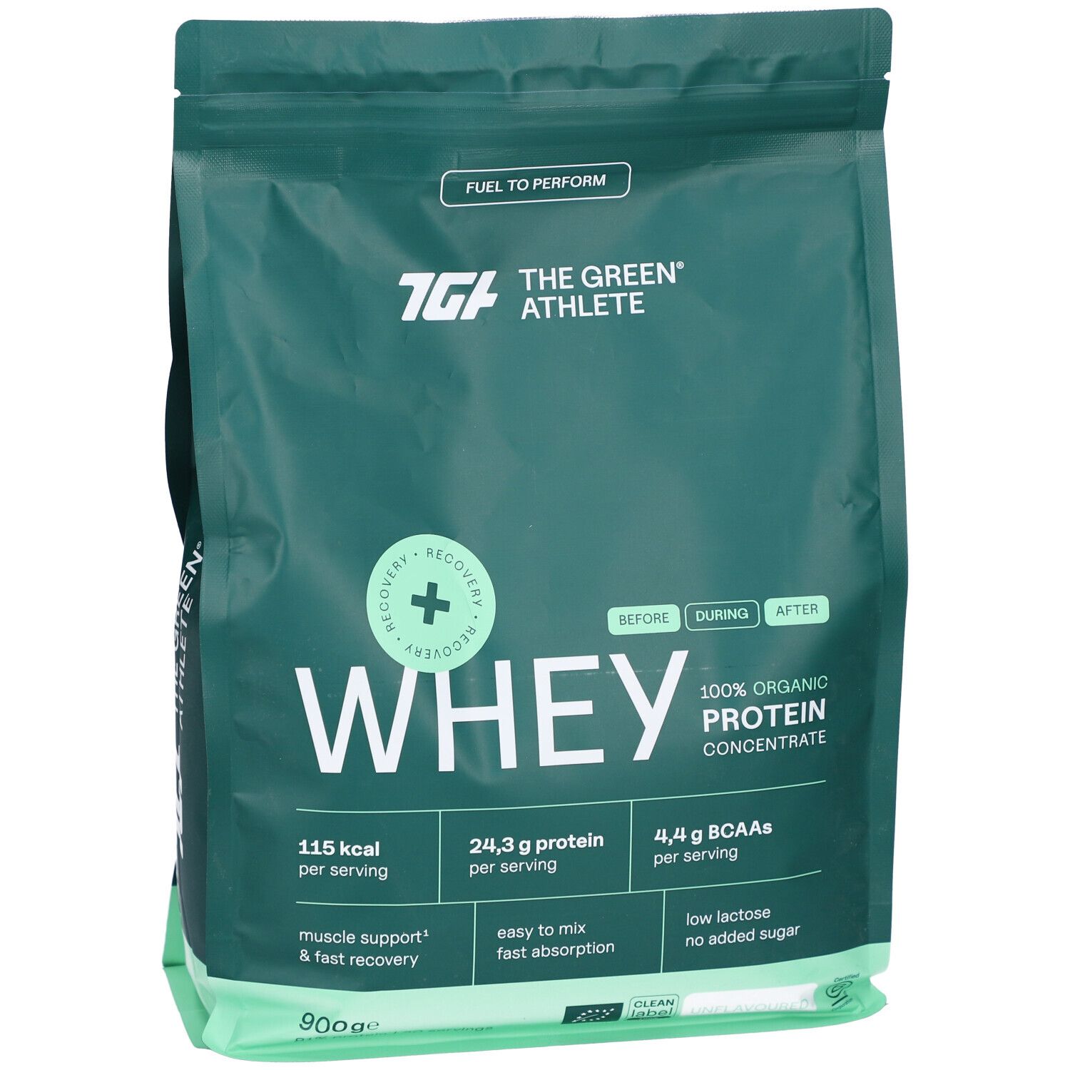 Grüner Beutel mit "WHEY" und "THE GREEN ATHLETE" Aufdruck. Enthält 100% Bio-Proteinkonzentrat. Angaben zu Kalorien, Protein und BCAAs.