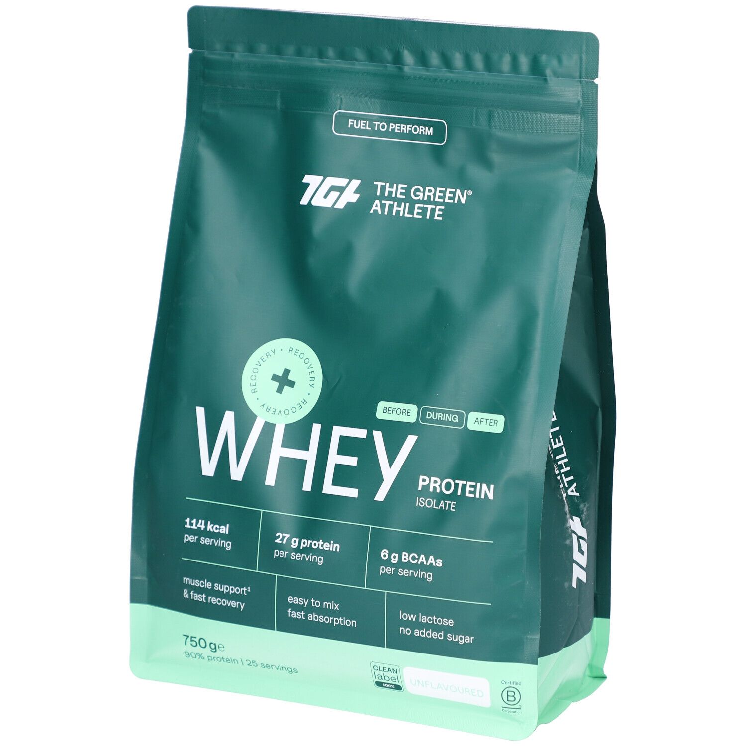 Grüner Beutel mit Whey Protein Isolat. Enthält 27g Protein pro Portion. Marke: The Green Athlete. 750g.