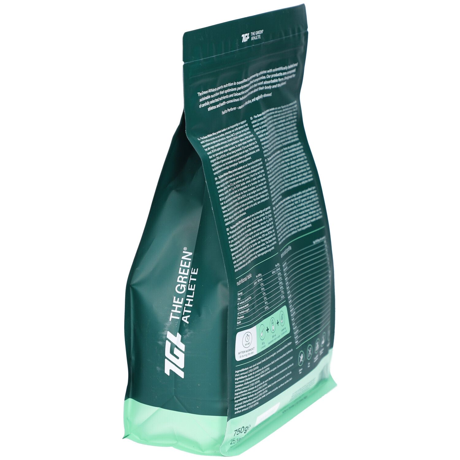 Seite eines grünen Beutels mit Whey Protein Isolat. Text mit Nährwertangaben. 750g.