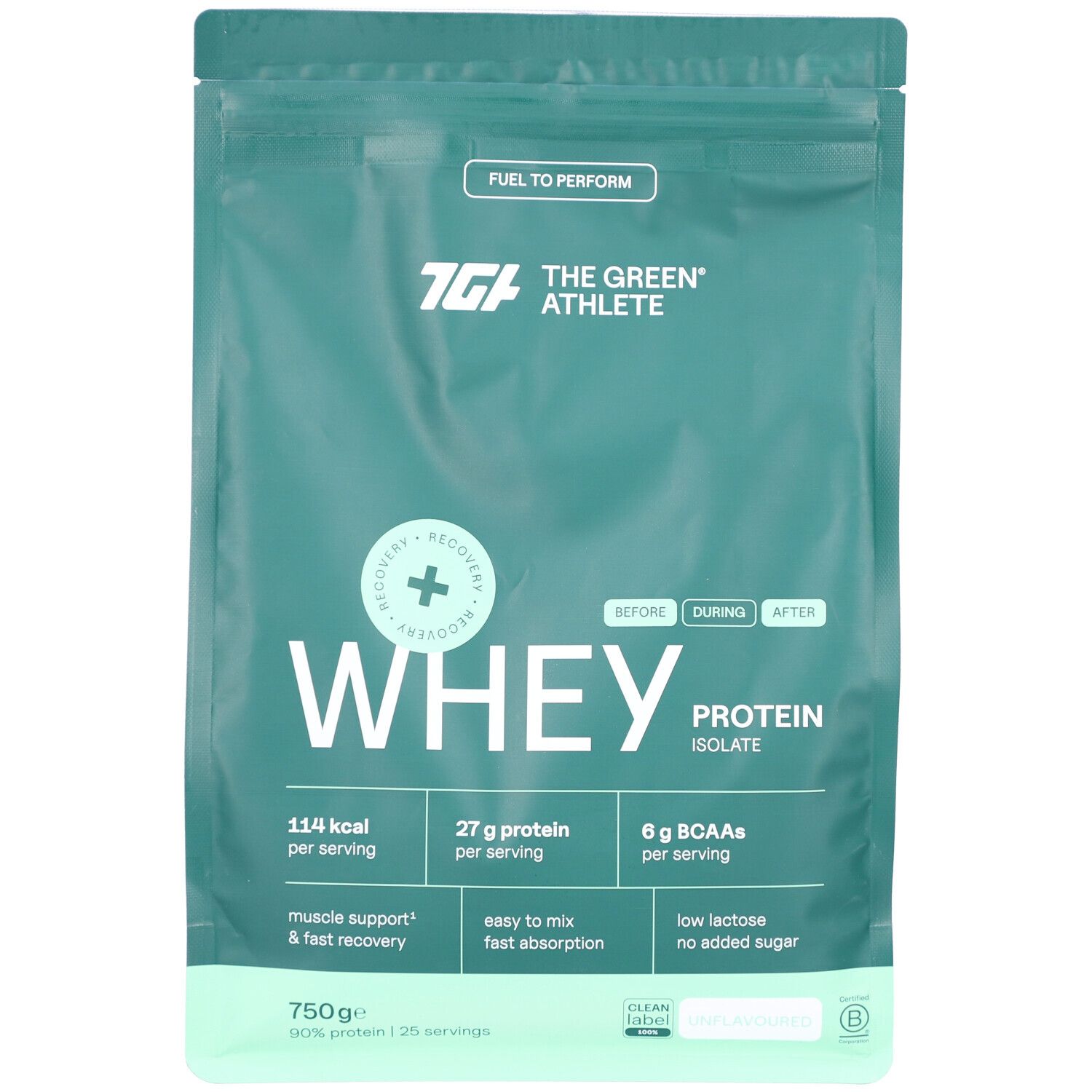 Grüner Beutel mit Whey Protein Isolat. Marke: The Green Athlete. Enthält 27g Protein pro Portion. 750g.