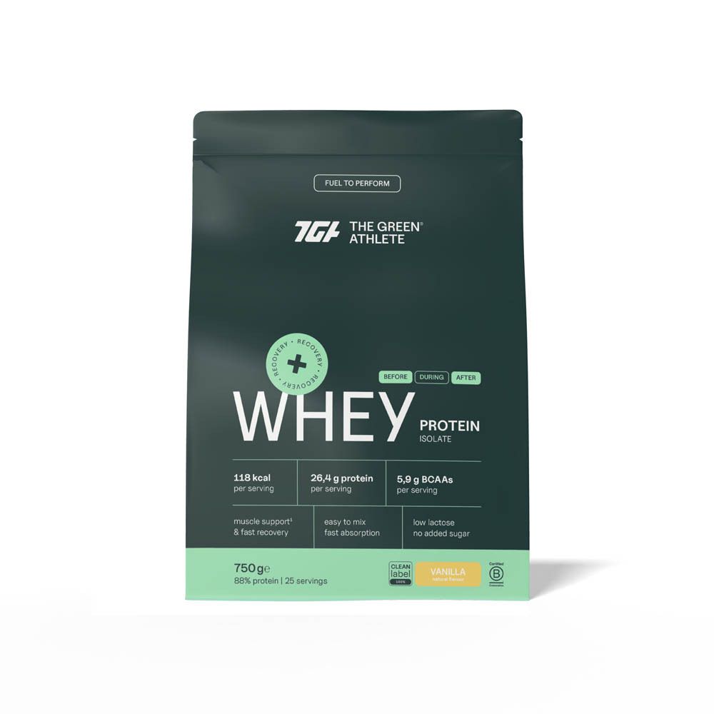 Sachet vert 'WHEY PROTEIN ISOLATE'. Marque 'THE GREEN ATHLETE'. Goût 'Vanilla'. 750g.