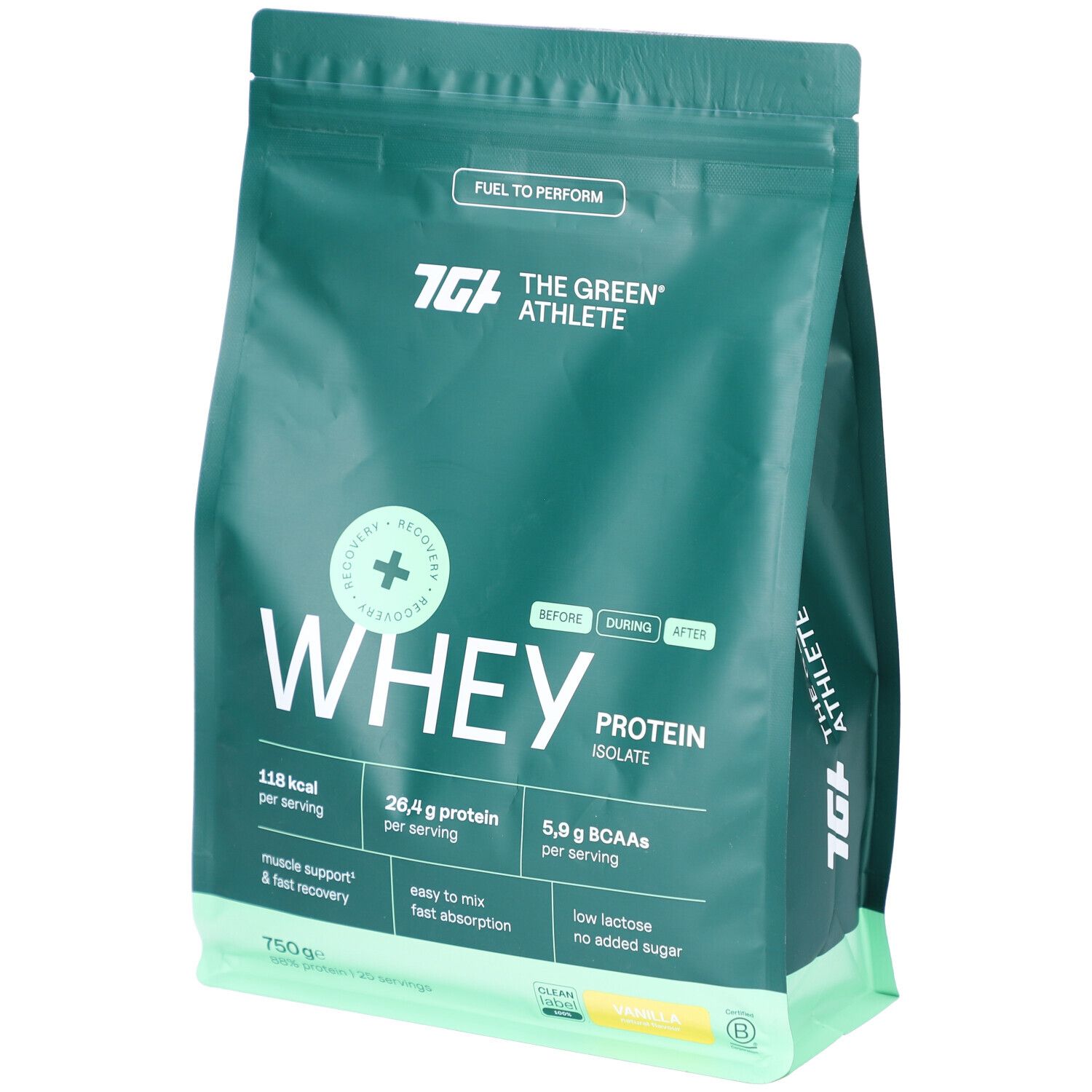 Grüner Beutel mit 'WHEY PROTEIN ISOLATE'. Enthält 118 kcal, 26,4 g Protein, 5,9 g BCAAs pro Portion. 'Vanilla' Geschmack.