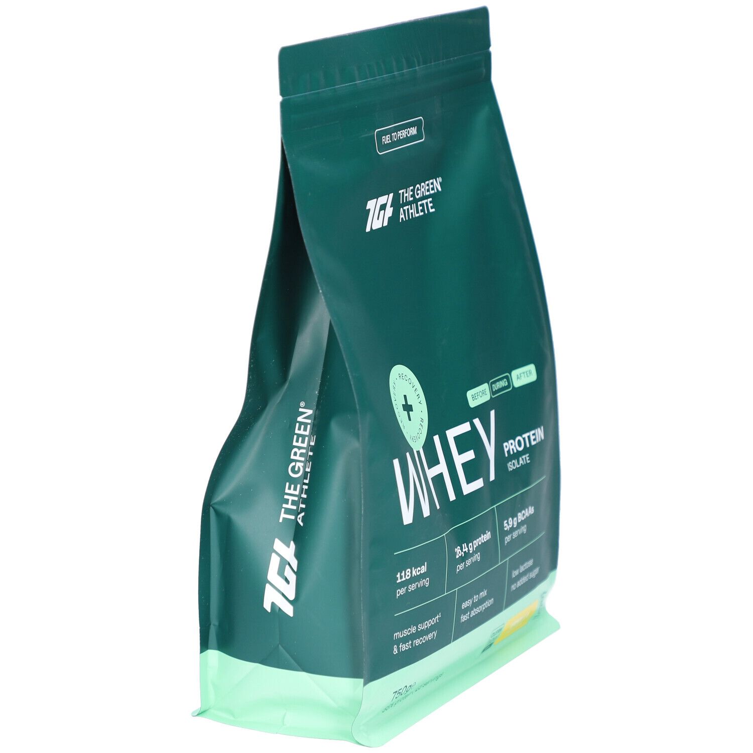 Grüner Beutel mit 'WHEY PROTEIN ISOLATE'. Marke 'THE GREEN ATHLETE'. Enthält 118 kcal, 26,4 g Protein, 5,9 g BCAAs.