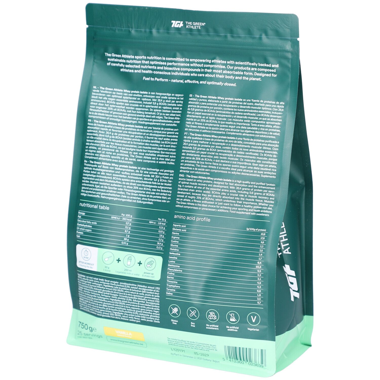 Rückseite eines grünen Beutels. Text mit Nährwertangaben und Aminosäureprofil. Marke 'THE GREEN ATHLETE'.