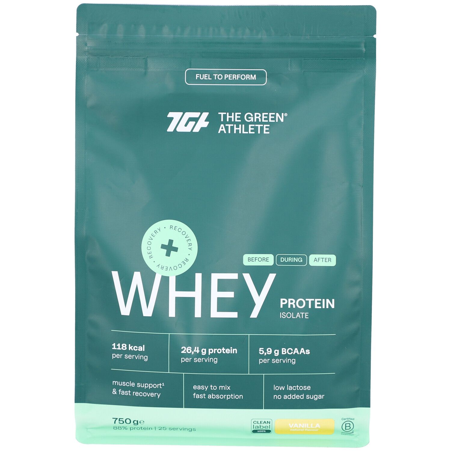 Grüner Beutel mit 'WHEY PROTEIN ISOLATE'. Enthält 118 kcal, 26,4 g Protein, 5,9 g BCAAs. Geschmack 'Vanilla'.