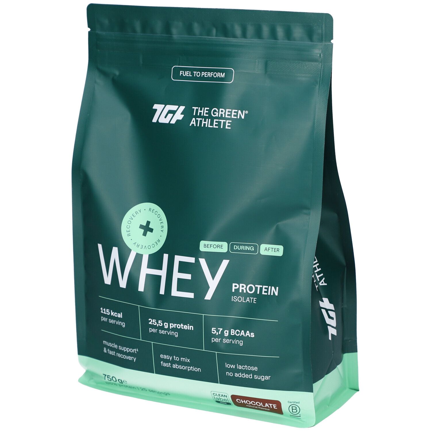 Grüner Beutel mit Whey Protein Isolat. Enthält 25,5 g Protein pro Portion. Aufschrift: The Green Athlete, Chocolate.