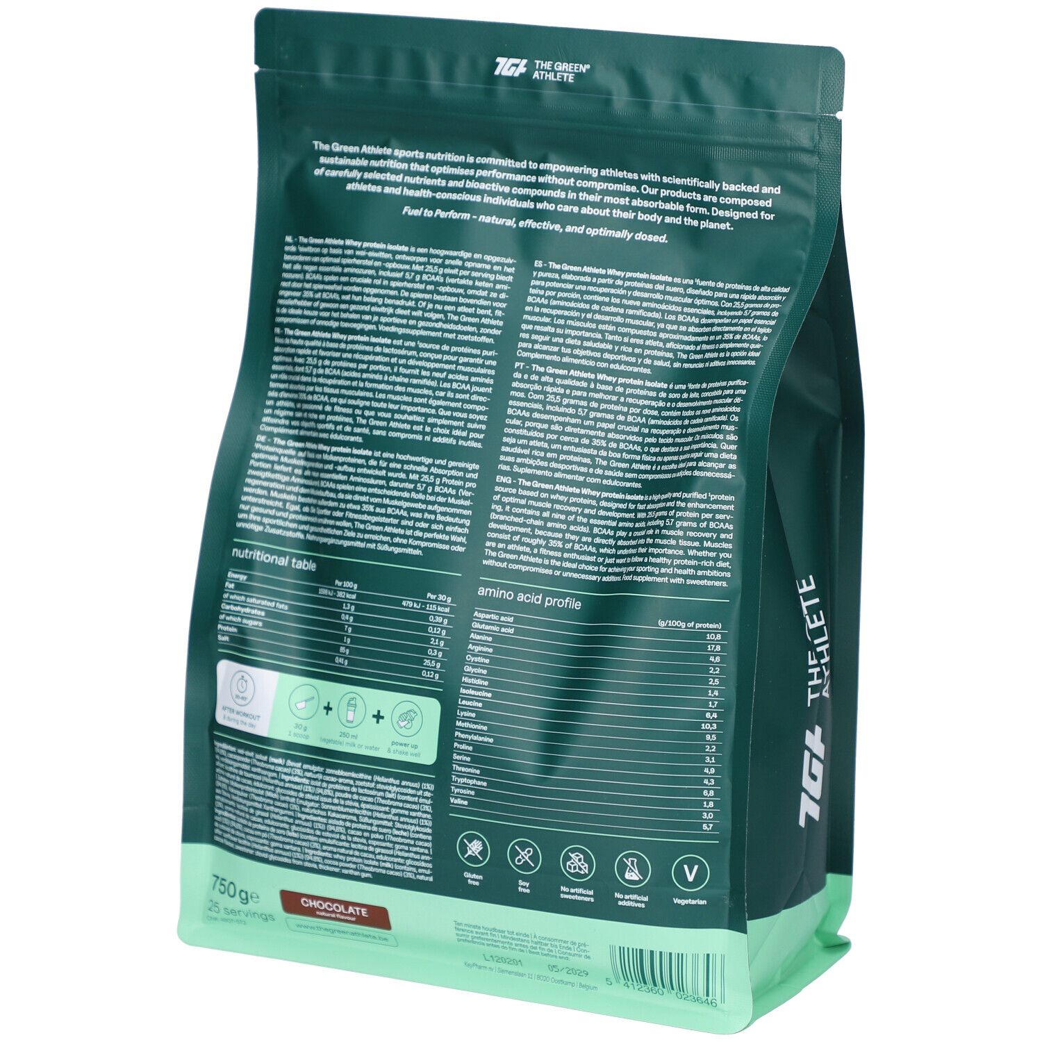 Rückseite eines grünen Beutels mit Whey Protein Isolat. Textliche Informationen zu Nährwerten und Inhaltsstoffen. Chocolate.