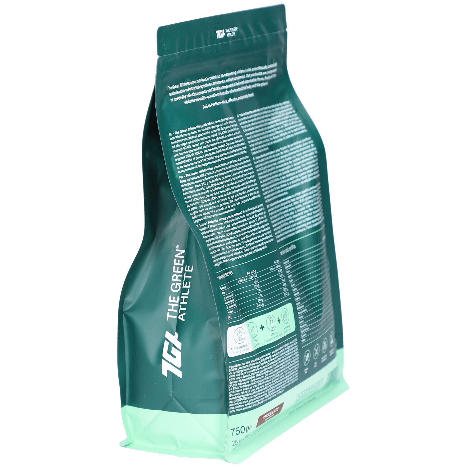 Rückseite eines grünen Beutels mit Whey Protein Isolat. Textliche Informationen zu Nährwerten und Inhaltsstoffen. Chocolate.