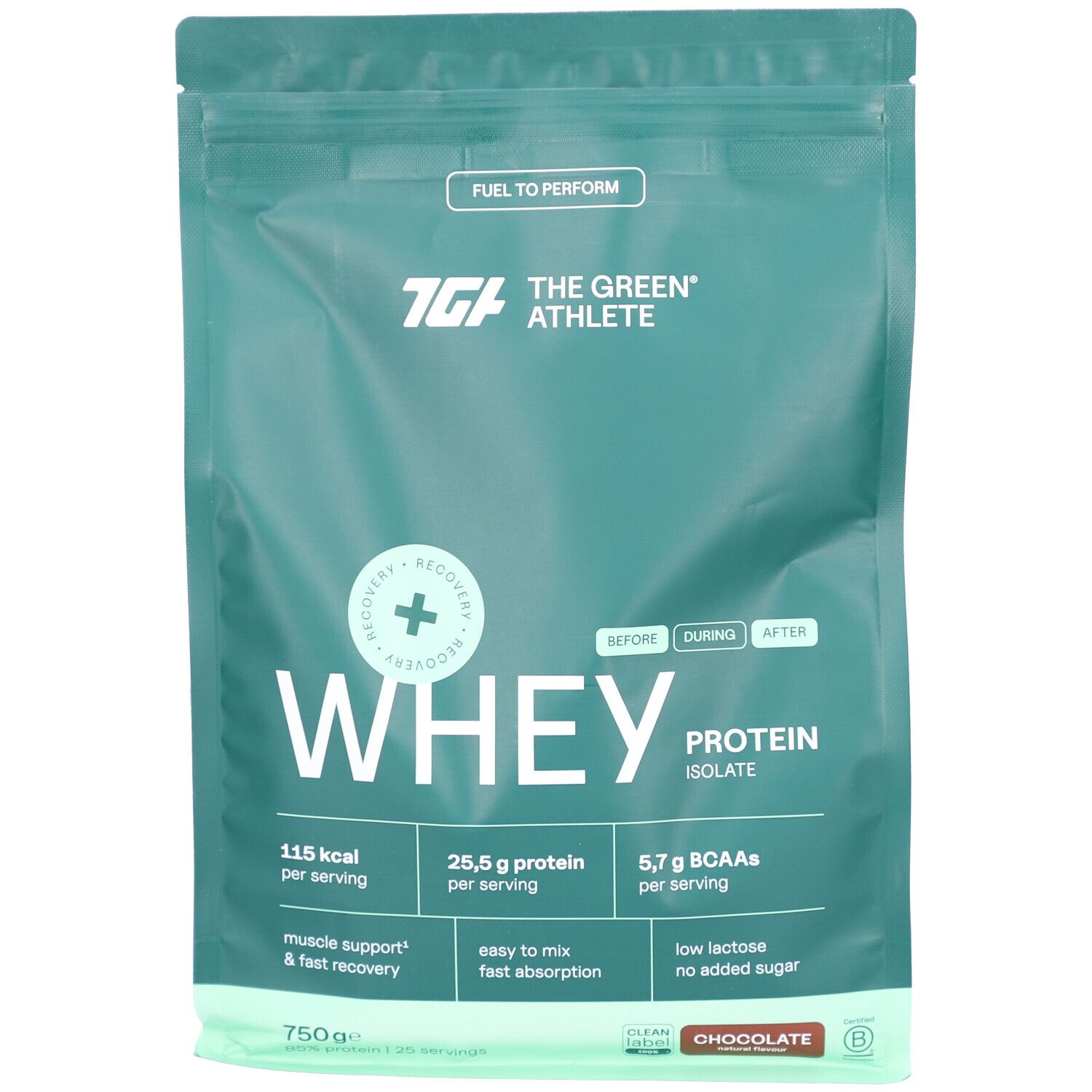 Grüner Beutel mit Whey Protein Isolat. Marke The Green Athlete. Enthält 25,5 g Protein pro Portion. Chocolate.