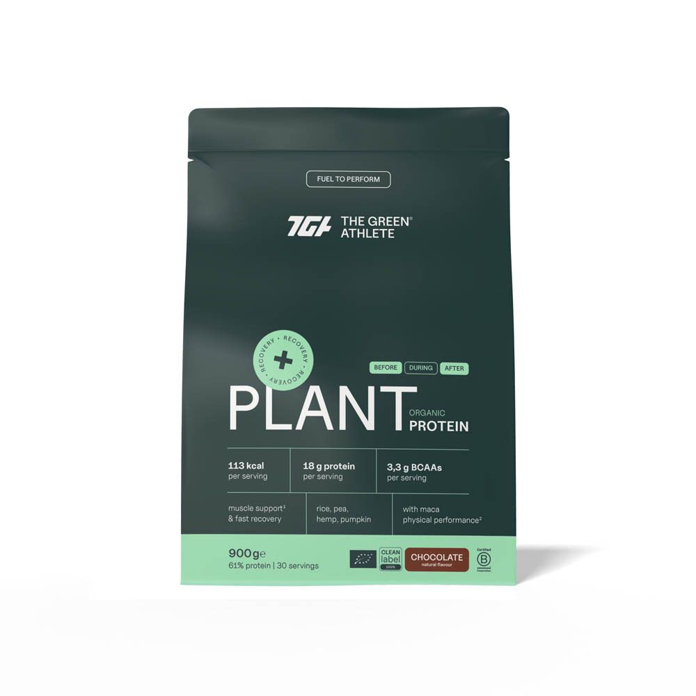 Emballage vert avec PLANT PROTEINE ORGANIQUE. Contient 18 g de protéines par portion. Avec riz, chanvre et citrouille. Goût chocolat.