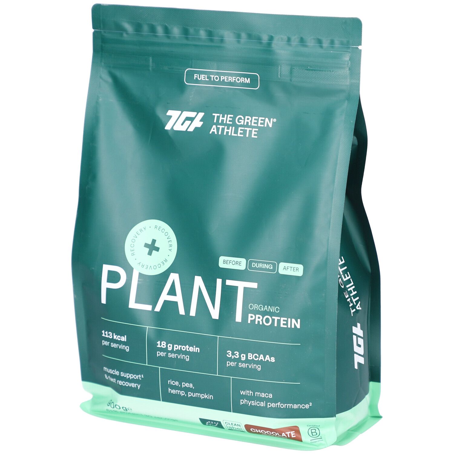 Grüne Verpackung mit Aufschrift PLANT ORGANIC PROTEIN. Enthält 18 g Protein pro Portion. Mit Reis, Hanf und Kürbis. Schokoladengeschmack.