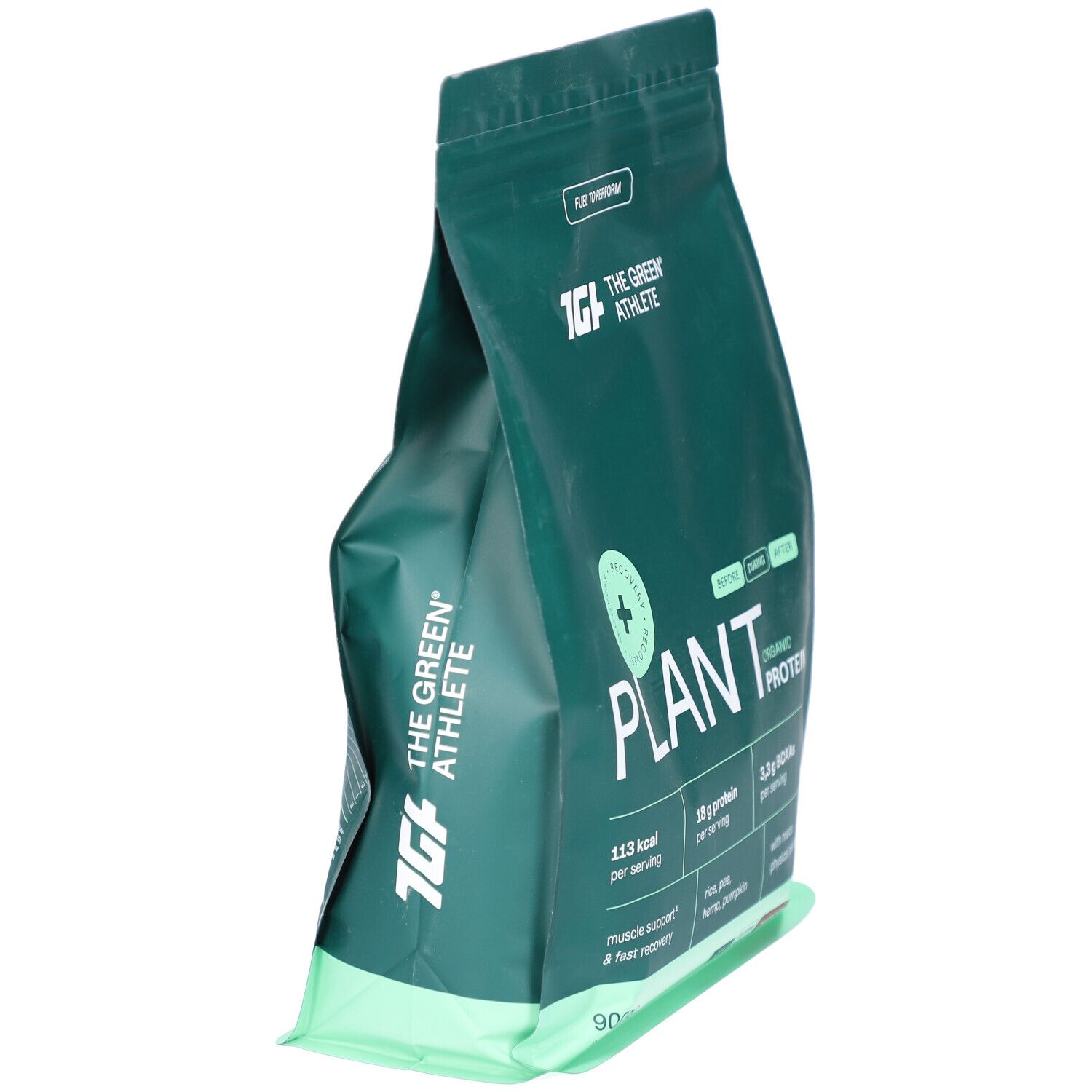 Grüne Verpackung mit PLANT ORGANIC PROTEIN. Enthält 18 g Protein pro Portion. Mit Reis, Hanf und Kürbis. Schokoladengeschmack.
