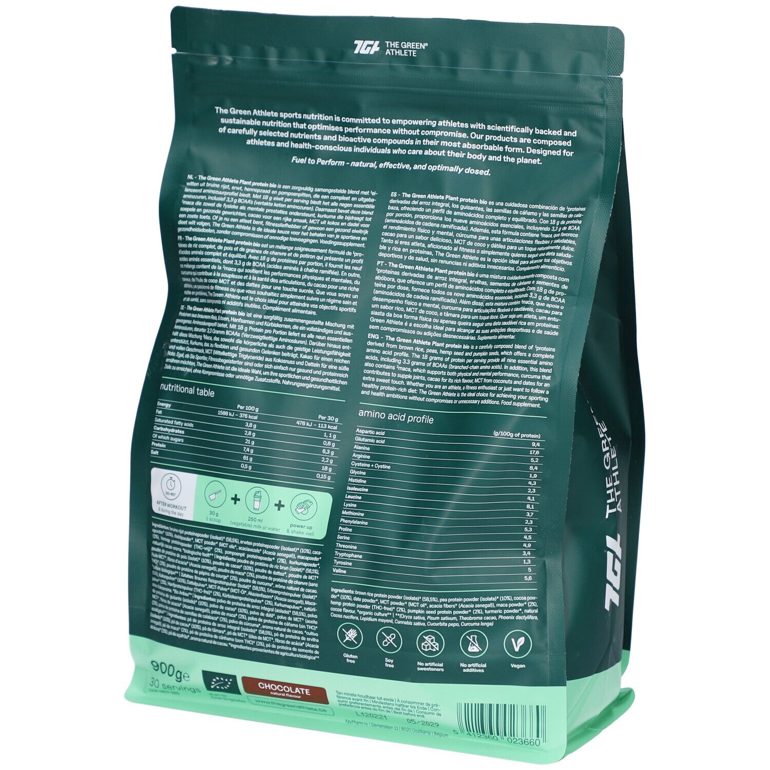 Rückseite der grünen Verpackung mit Text. Enthält Nährwerttabelle und Aminosäureprofil. Mit Bio-Siegel und Vegan-Logo. Schokoladengeschmack.