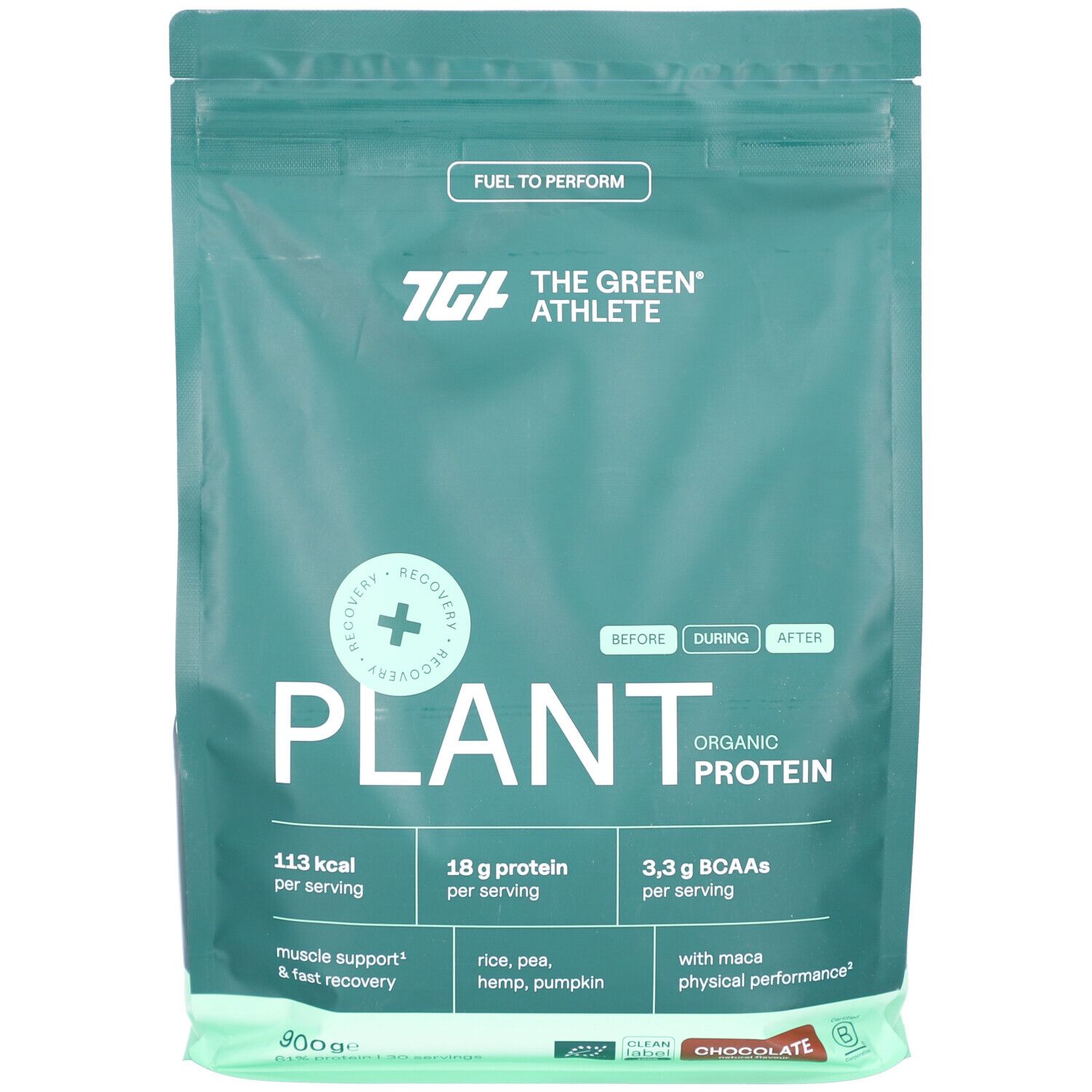 Grüne Verpackung mit PLANT ORGANIC PROTEIN. Enthält 18 g Protein pro Portion. Mit Reis, Hanf und Kürbis. Schokoladengeschmack.