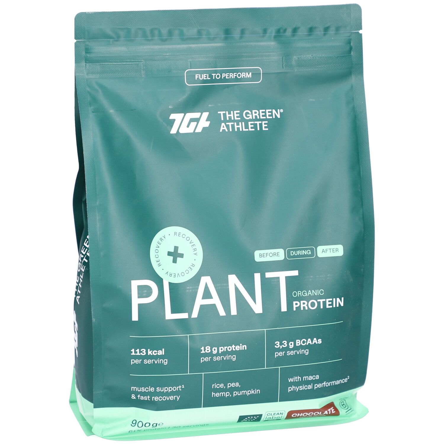 Grüne Verpackung mit PLANT ORGANIC PROTEIN. Enthält 18 g Protein pro Portion. Mit Reis, Hanf und Kürbis. Schokoladengeschmack.