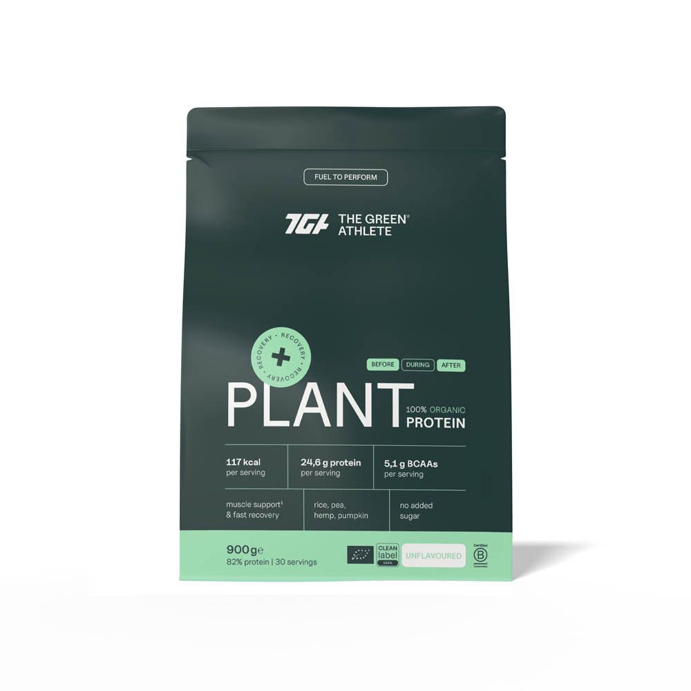 Emballage vert avec PLANT écrit dessus, 100% ORGANIC PROTEIN. Contient 24,6 g de protéines par portion. Certification BIO.