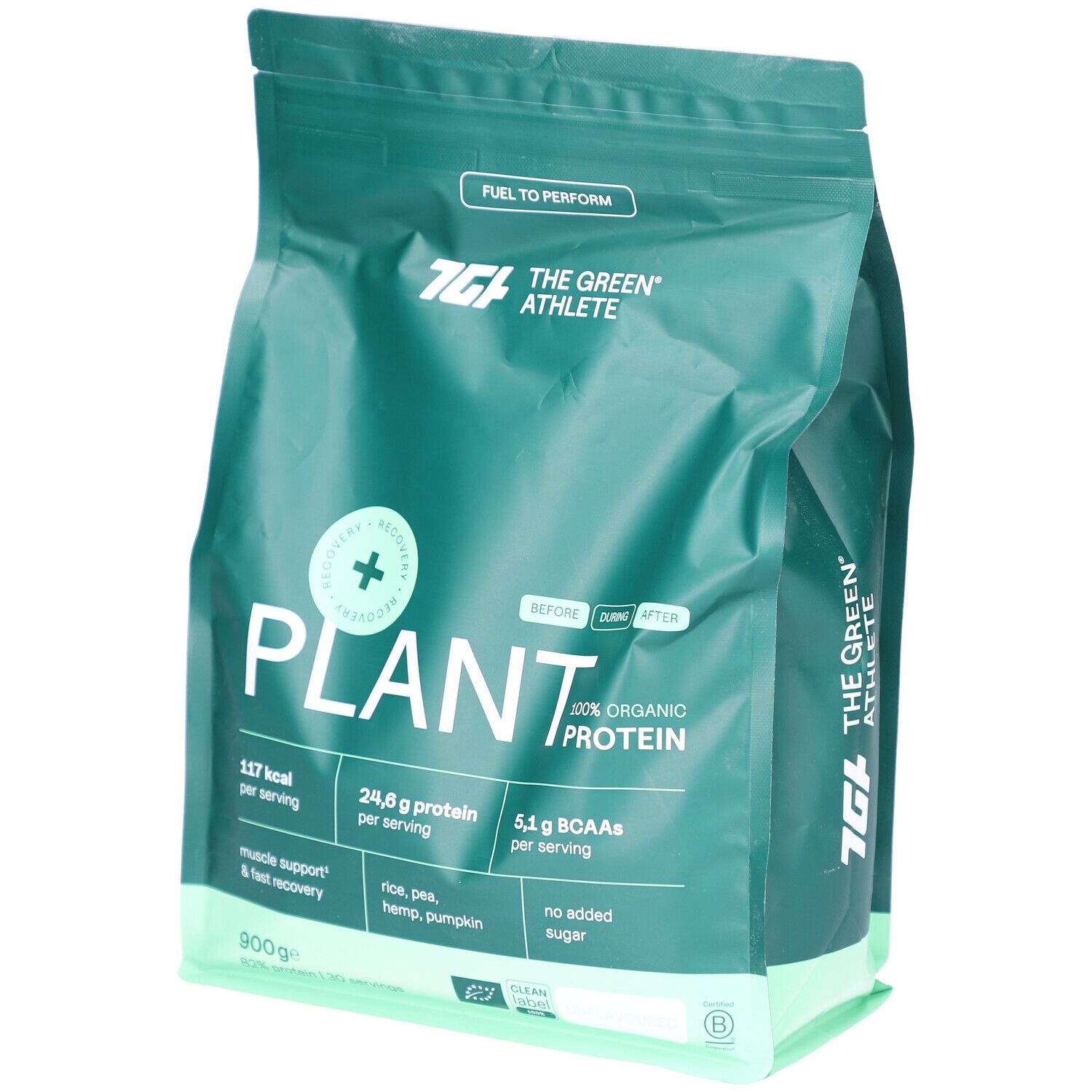 Grüne Verpackung mit Aufschrift PLANT, 100% ORGANIC PROTEIN. Enthält 24,6 g Protein pro Portion. BIO-Zertifizierung.