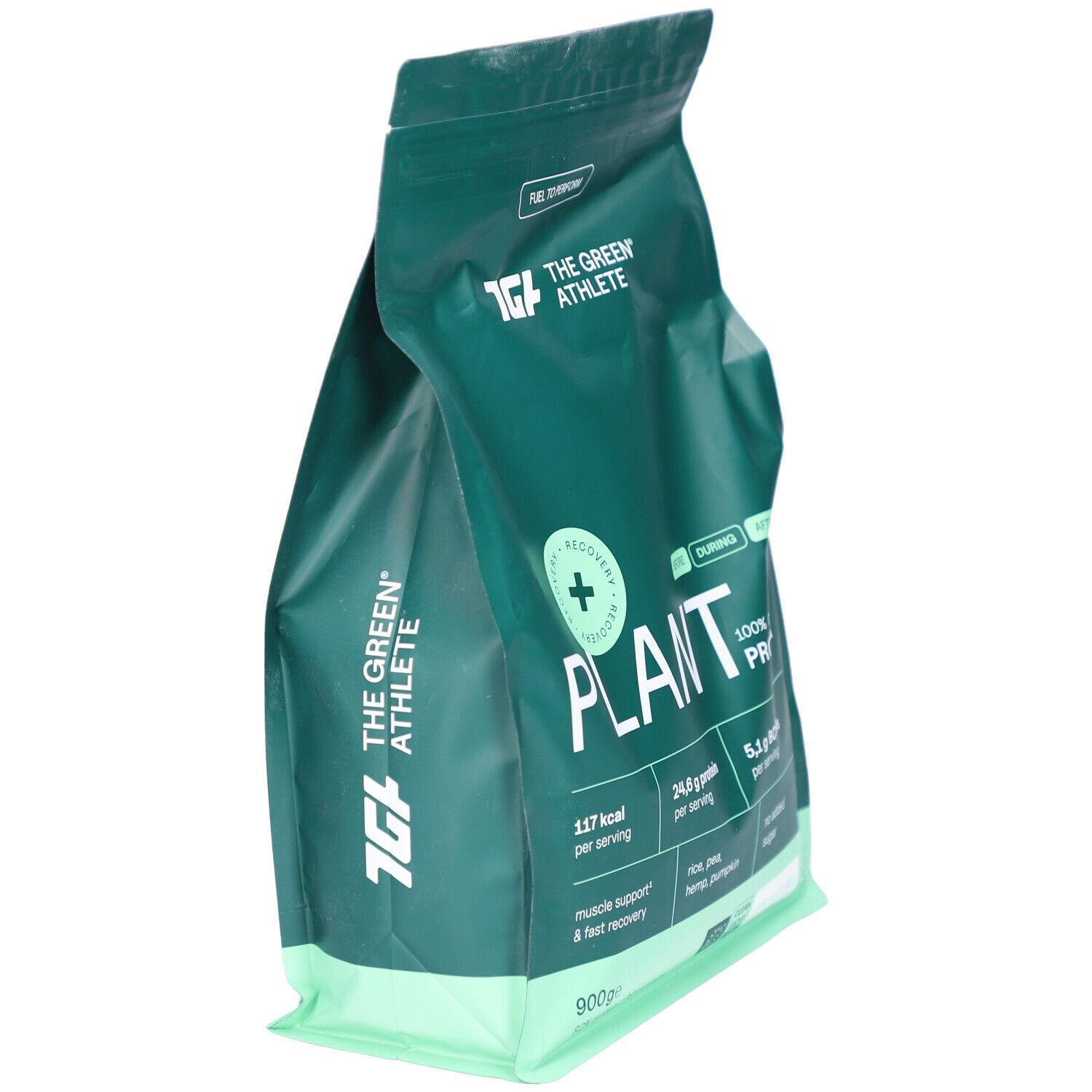 Grüne Verpackung, Seitenansicht. Aufschrift PLANT, 100% ORGANIC PROTEIN. Enthält 24,6 g Protein pro Portion. BIO-Zertifizierung.