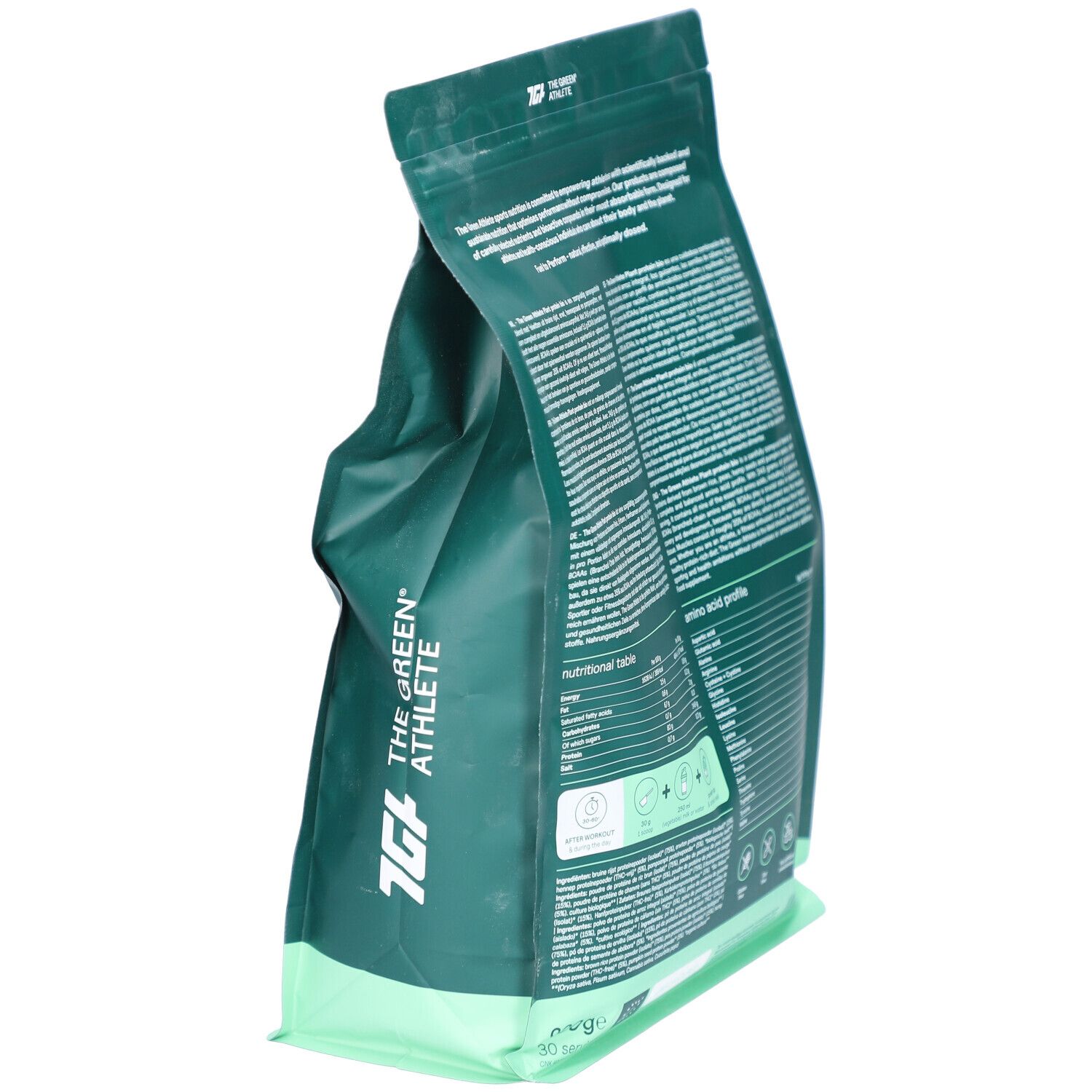 Seitenansicht der grünen Verpackung. Text mit Nährwertangaben und Aminosäureprofil. BIO-Zertifizierung. Marke THE GREEN ATHLETE.