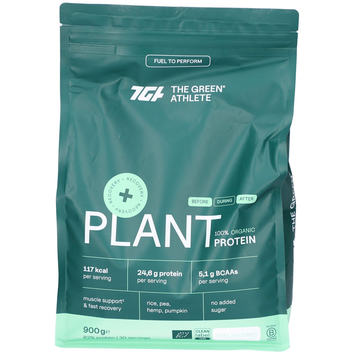 Grüne Verpackung mit Aufschrift PLANT, 100% ORGANIC PROTEIN. Enthält 24,6 g Protein pro Portion. BIO-Zertifizierung.