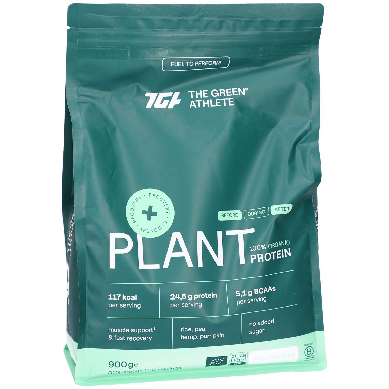 Grüne Verpackung mit Aufschrift PLANT, 100% ORGANIC PROTEIN. Enthält 24,6 g Protein pro Portion. BIO-Zertifizierung.