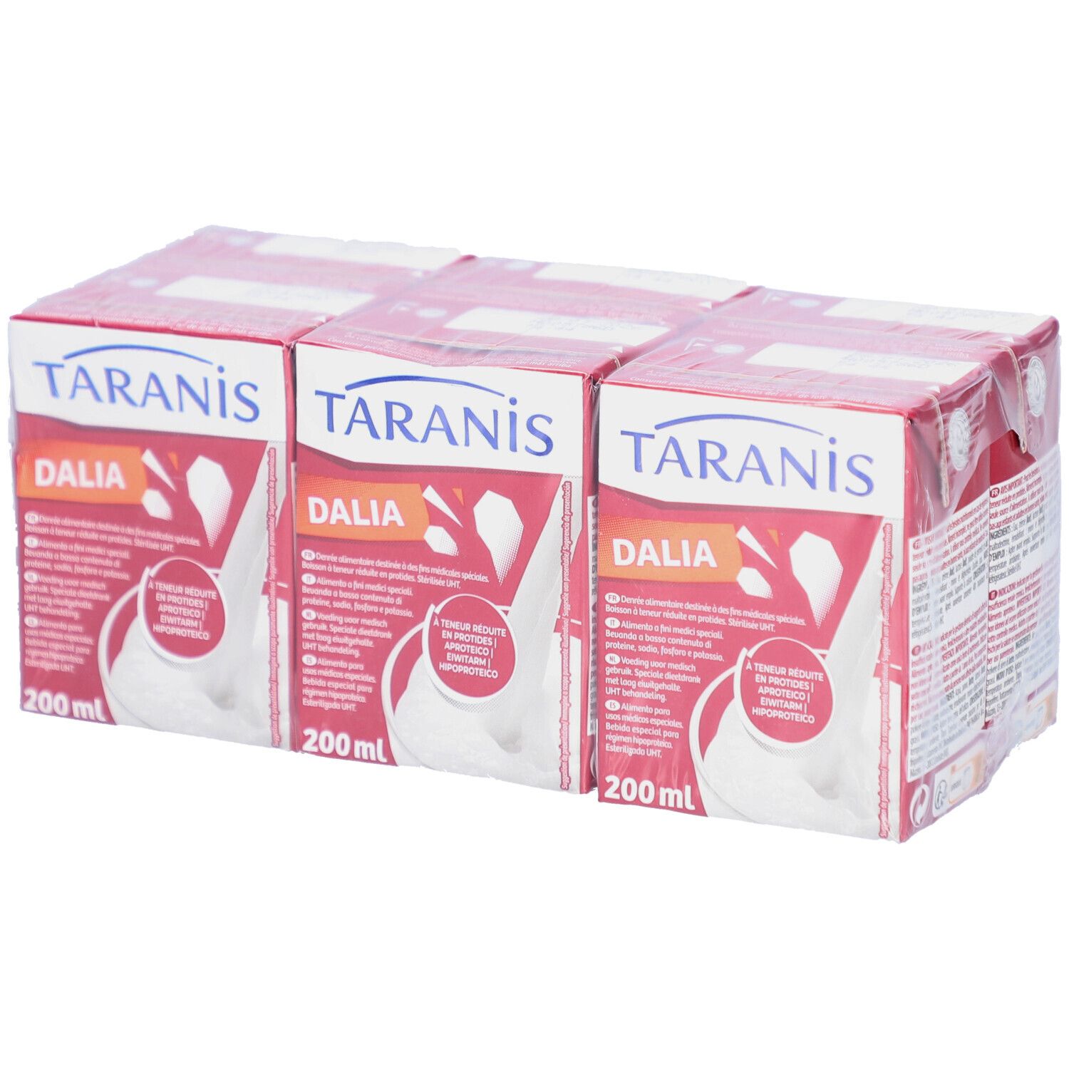 Sechs Packungen Taranis Dalia Boisson, in Folie verpackt. Jede Packung hat 200 ml. Aufdruck: Dalia, weißes Getränk, rote Verpackung.