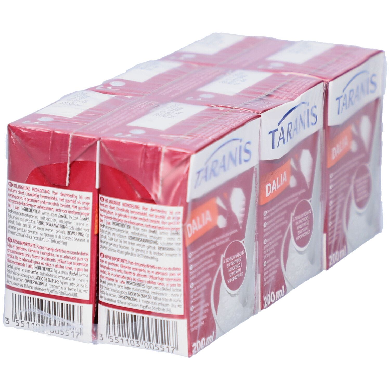 Rückseite von sechs in Folie verpackten Taranis Dalia Boisson-Packungen. Jede Packung hat 200 ml. Barcode und Text auf rotem Hintergrund.