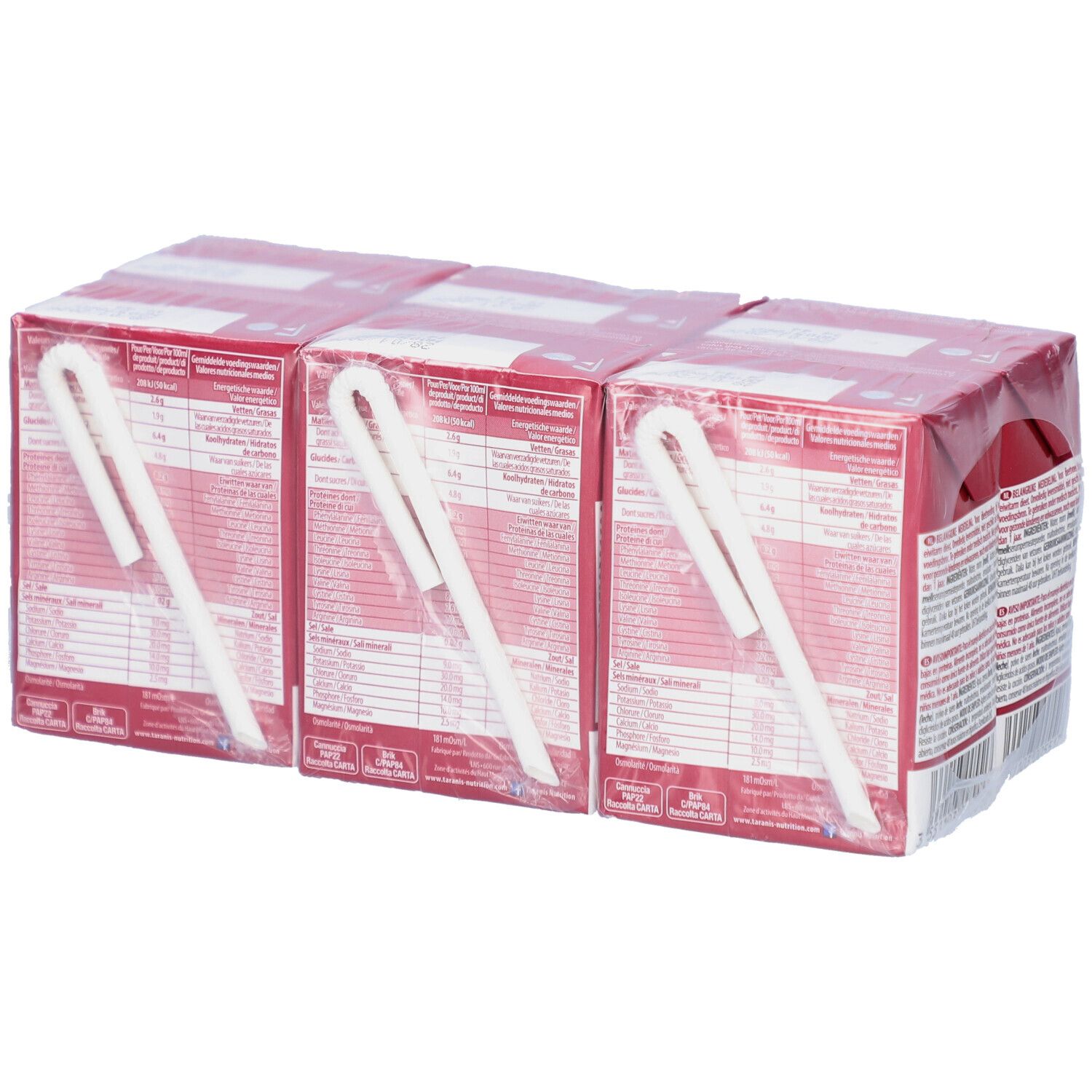 Rückseite von sechs in Folie verpackten Taranis Dalia Boisson-Packungen. Strohhalme sind sichtbar. Jede Packung hat 200 ml.