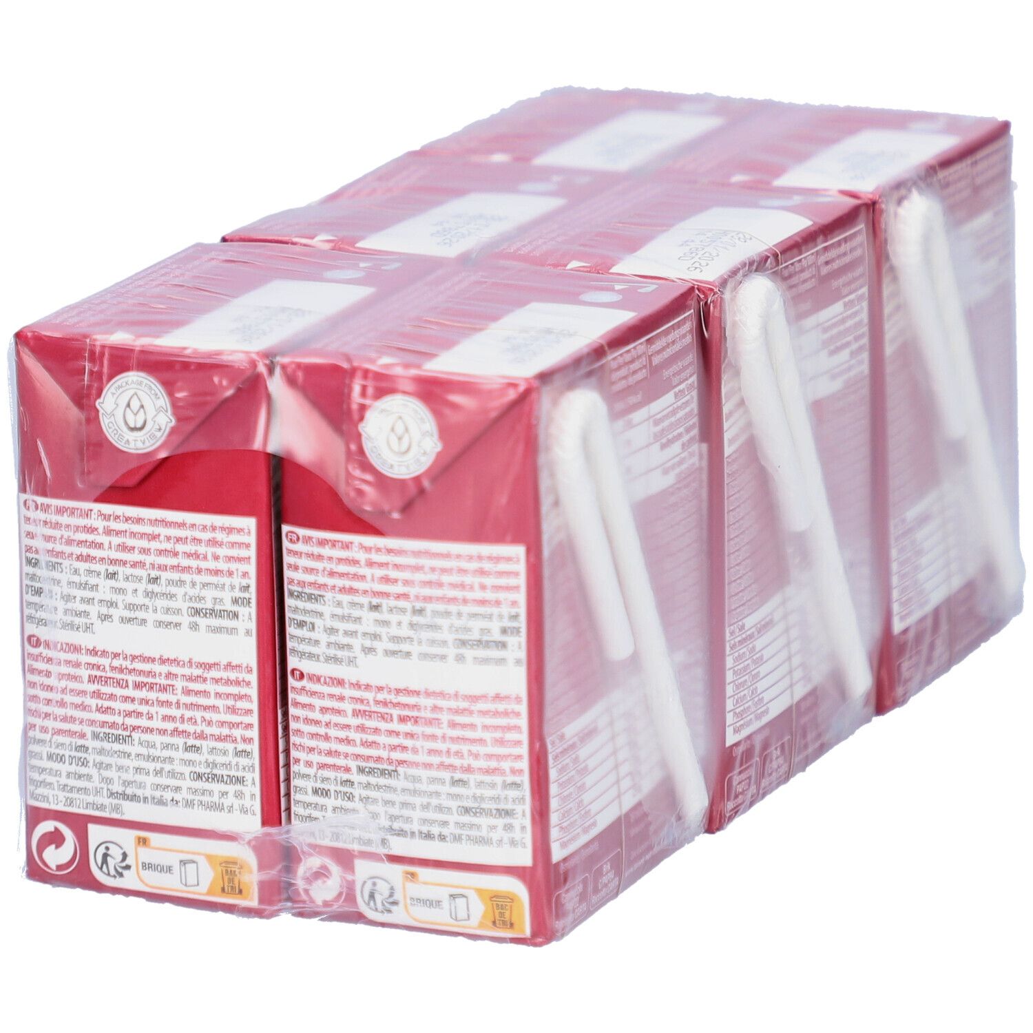 Rückseite von sechs in Folie verpackten Taranis Dalia Boisson-Packungen. Strohhalme sind sichtbar. Jede Packung hat 200 ml.