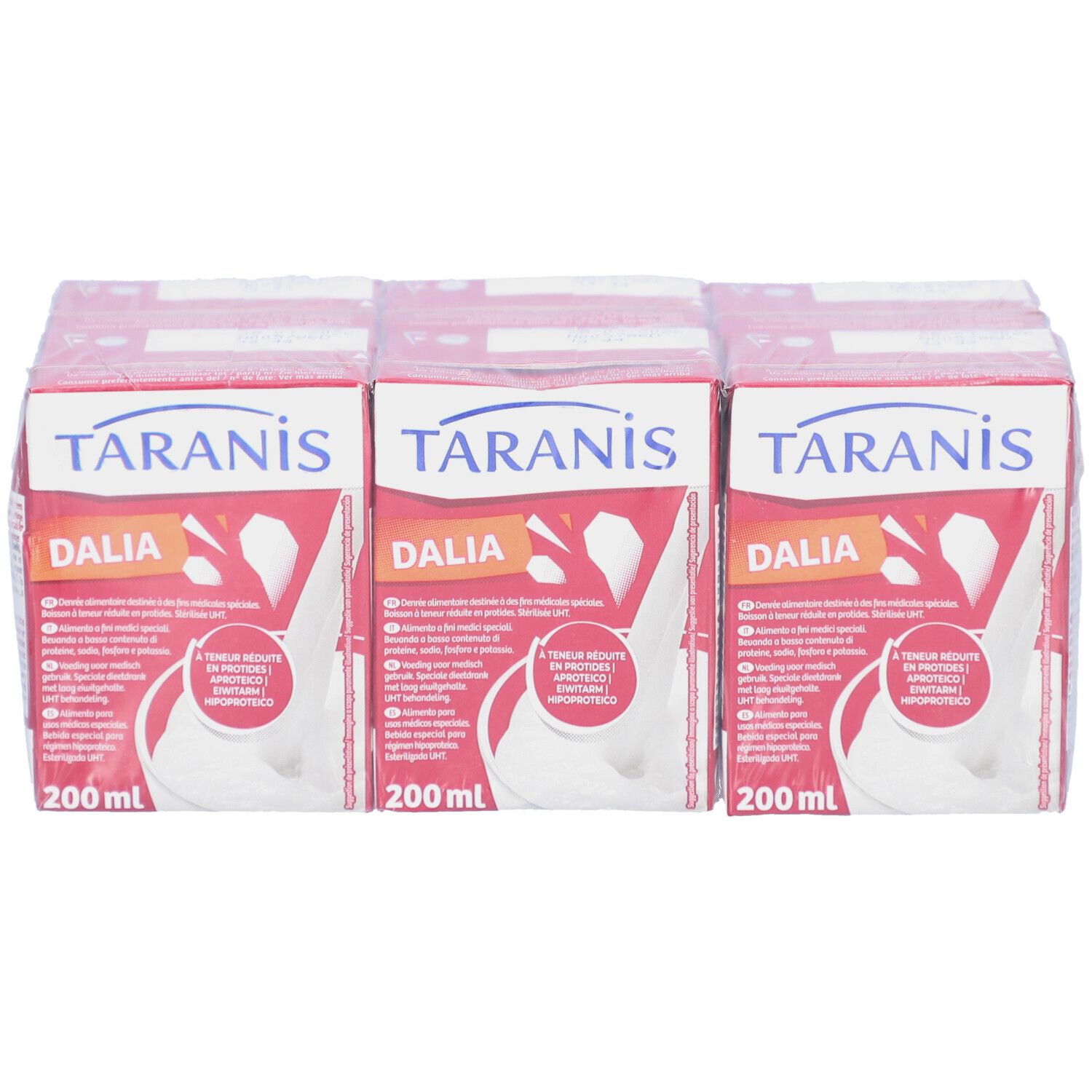 Sechs Packungen Taranis Dalia Boisson, in Folie verpackt. Jede Packung hat 200 ml. Aufdruck: Dalia, weißes Getränk, rote Verpackung.