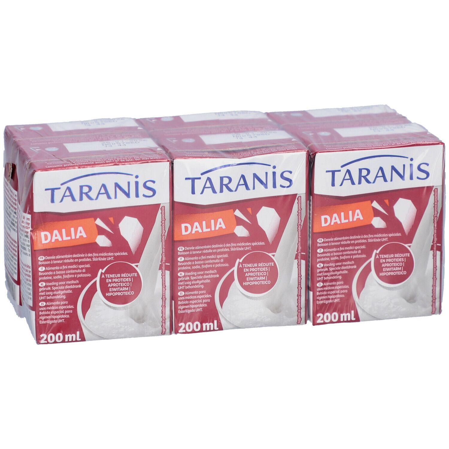 Sechs Packungen Taranis Dalia Boisson, in Folie verpackt. Jede Packung hat 200 ml. Aufdruck: Dalia, weißes Getränk, rote Verpackung.