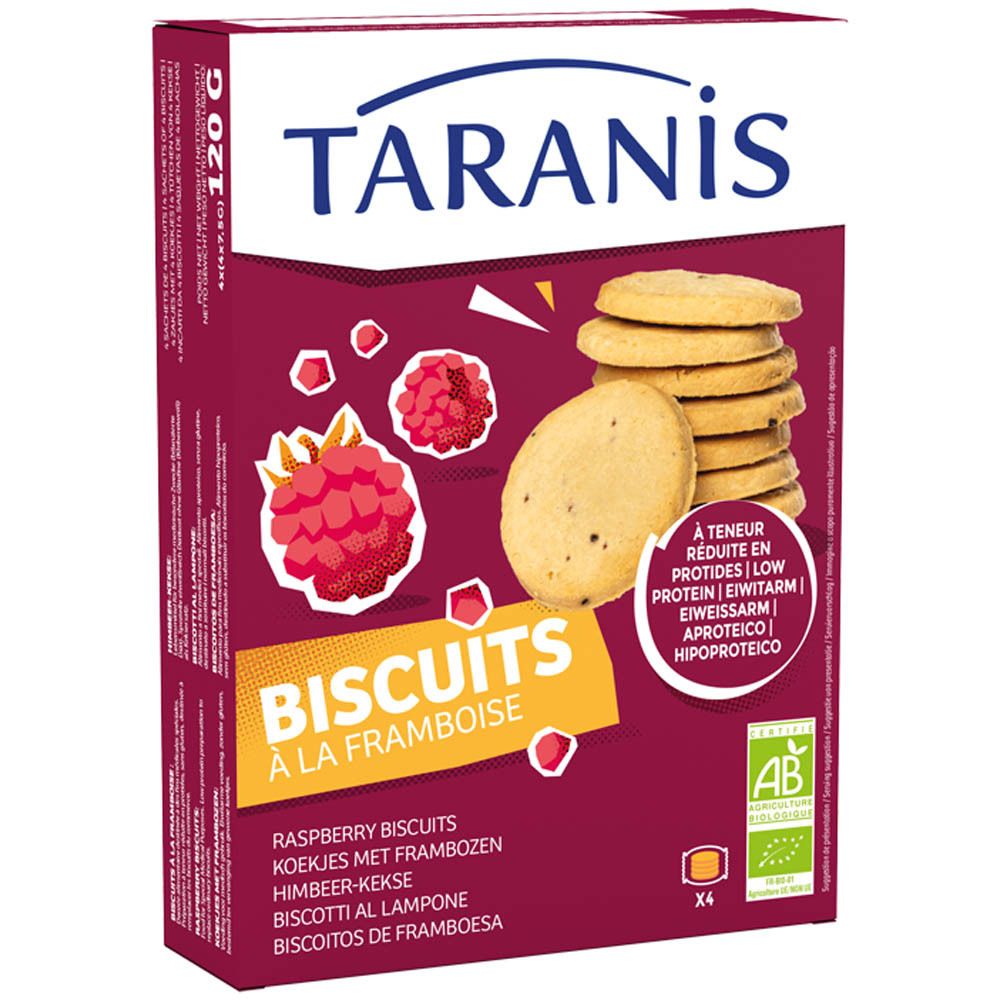 Boîte de Biscuits à la Framboise Taranis. Emballage rouge avec biscuits, framboises et texte. Label AB.