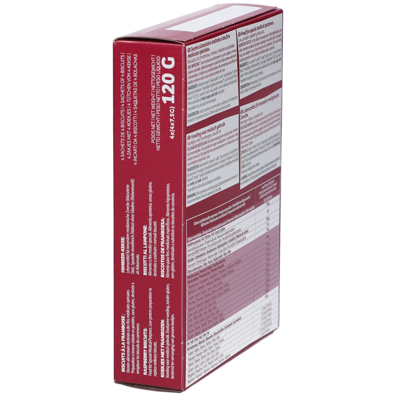 Seitenansicht der Taranis Biscuits à la Framboise Verpackung. Text in mehreren Sprachen, Nährwertangaben.