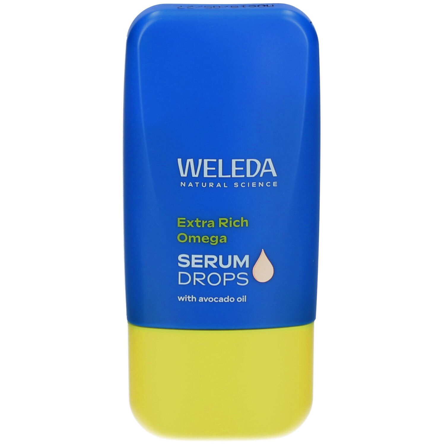 Blau-gelbe Flasche mit Produktbezeichnung. Schriftzug: WELEDA, Extra Rich Omega, SERUM DROPS. Tropfensymbol. Mit Avocadoöl.