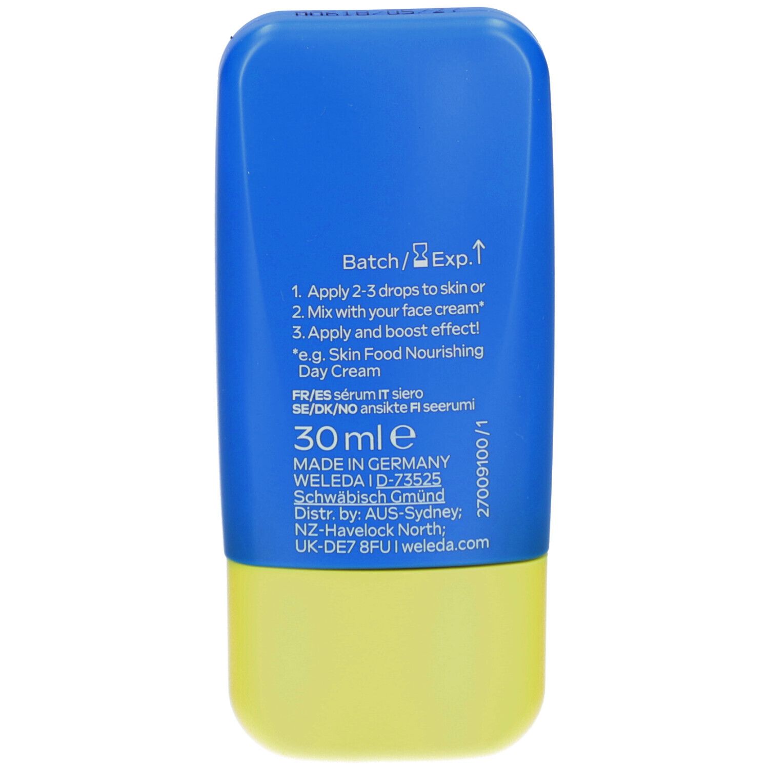 Rückseite der Flasche. Text: Anwendungshinweise, 30 ml, Made in Germany. Adressinformationen. Chargen- und Verfallsdatum.