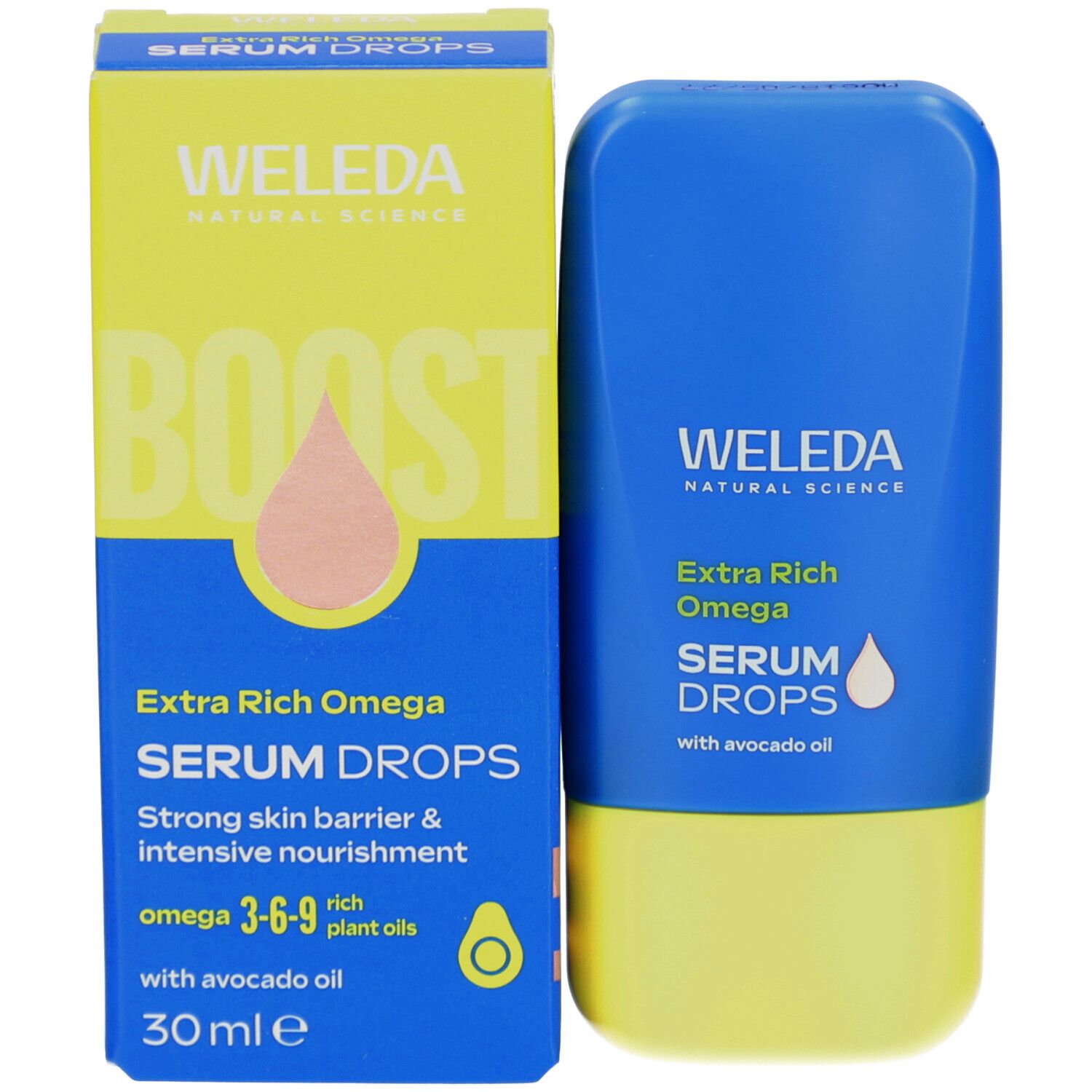 Produktflasche und -verpackung. Verpackung: WELEDA, Extra Rich Omega, SERUM DROPS. Mit Avocadoöl. 30 ml. Flasche: Blau-gelb.