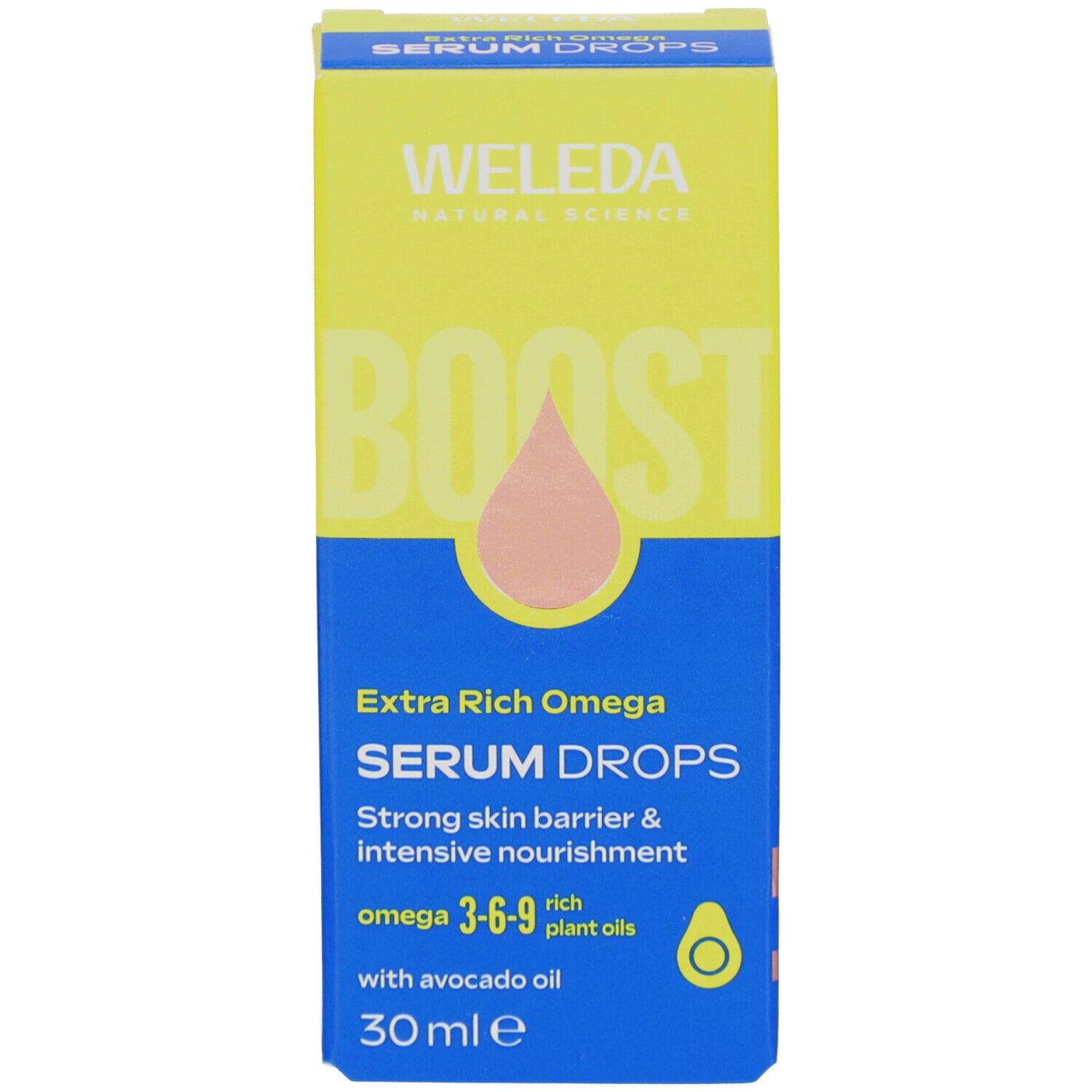 Produktverpackung. Text: WELEDA, Extra Rich Omega, SERUM DROPS. Mit Avocadoöl. 30 ml. Box: gelb-blau.