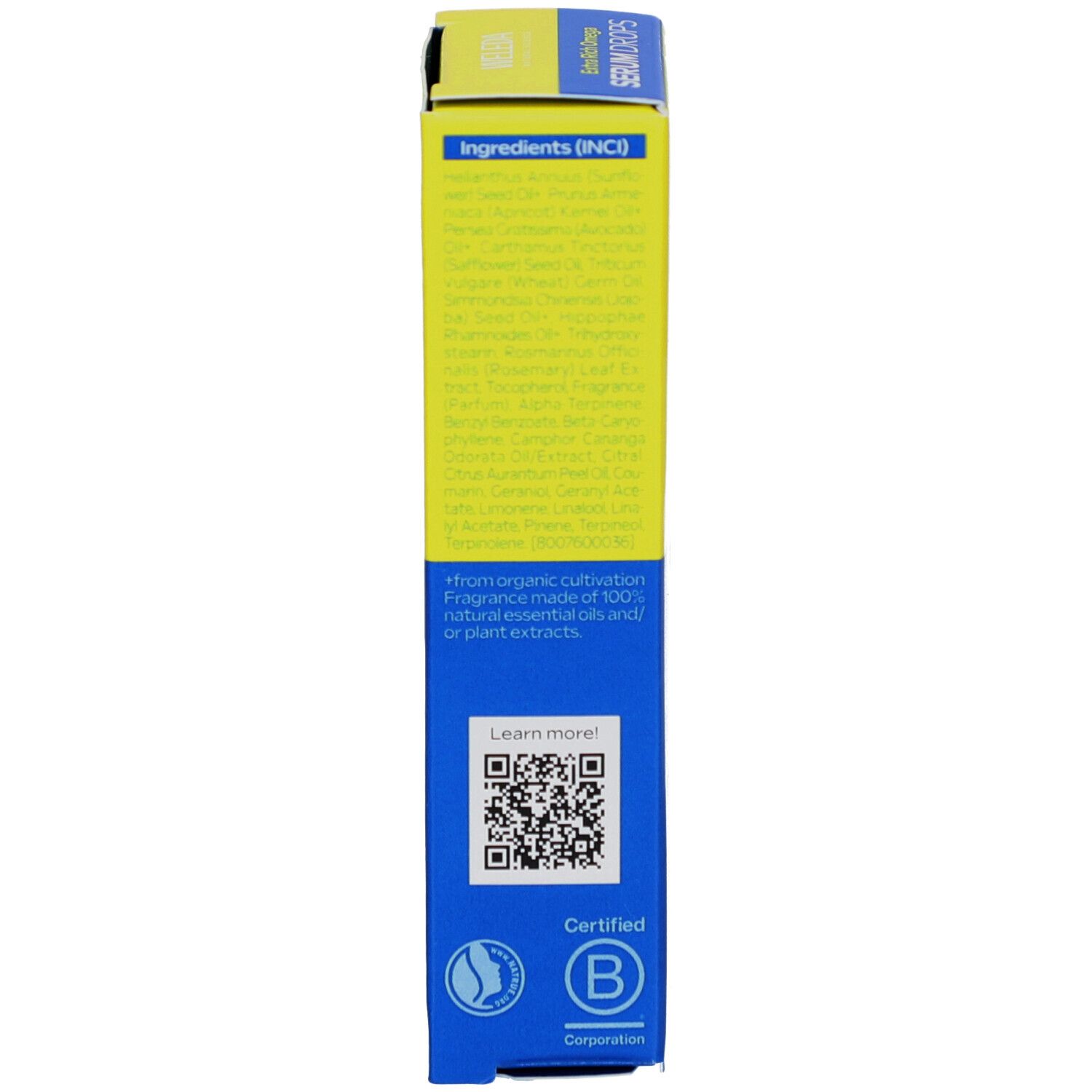 Produktverpackung, Rückseite. Text: Inhaltsstoffe, QR-Code, Zertifizierung. Box: gelb-blau.