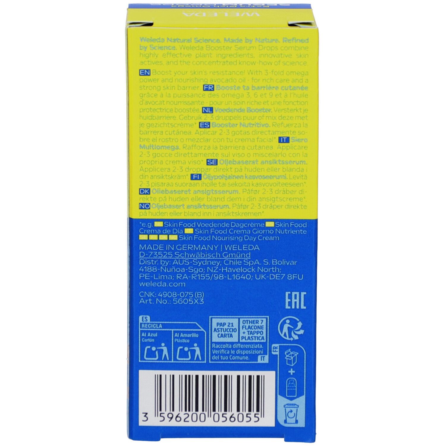 Rückseite der Produktverpackung. Text: Anwendungshinweise, Inhaltsstoffe, Adressinformationen, Zertifizierungen. Box: gelb-blau.