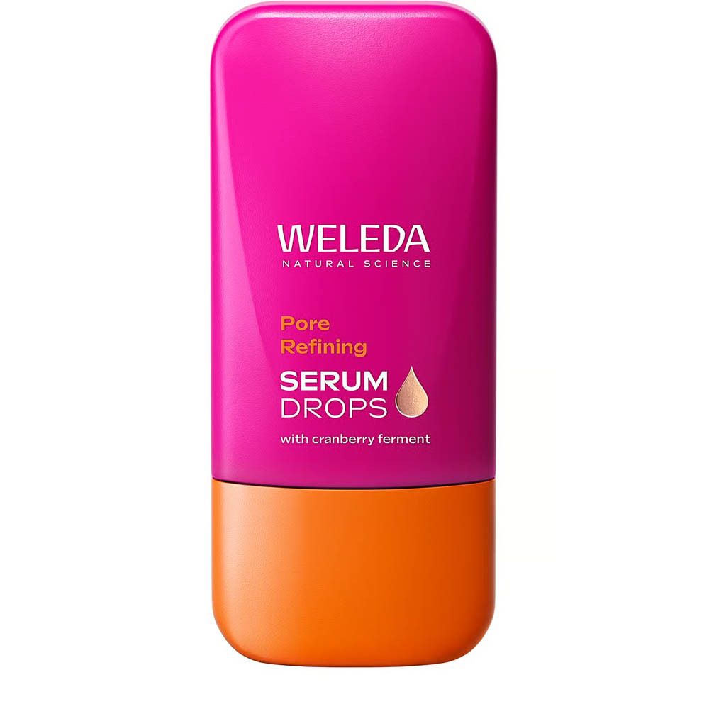 Flacon rose et orange. WELEDA, SERUM DROPS. Texte: Pore Refining, avec ferment de canneberge. Symbole goutte.