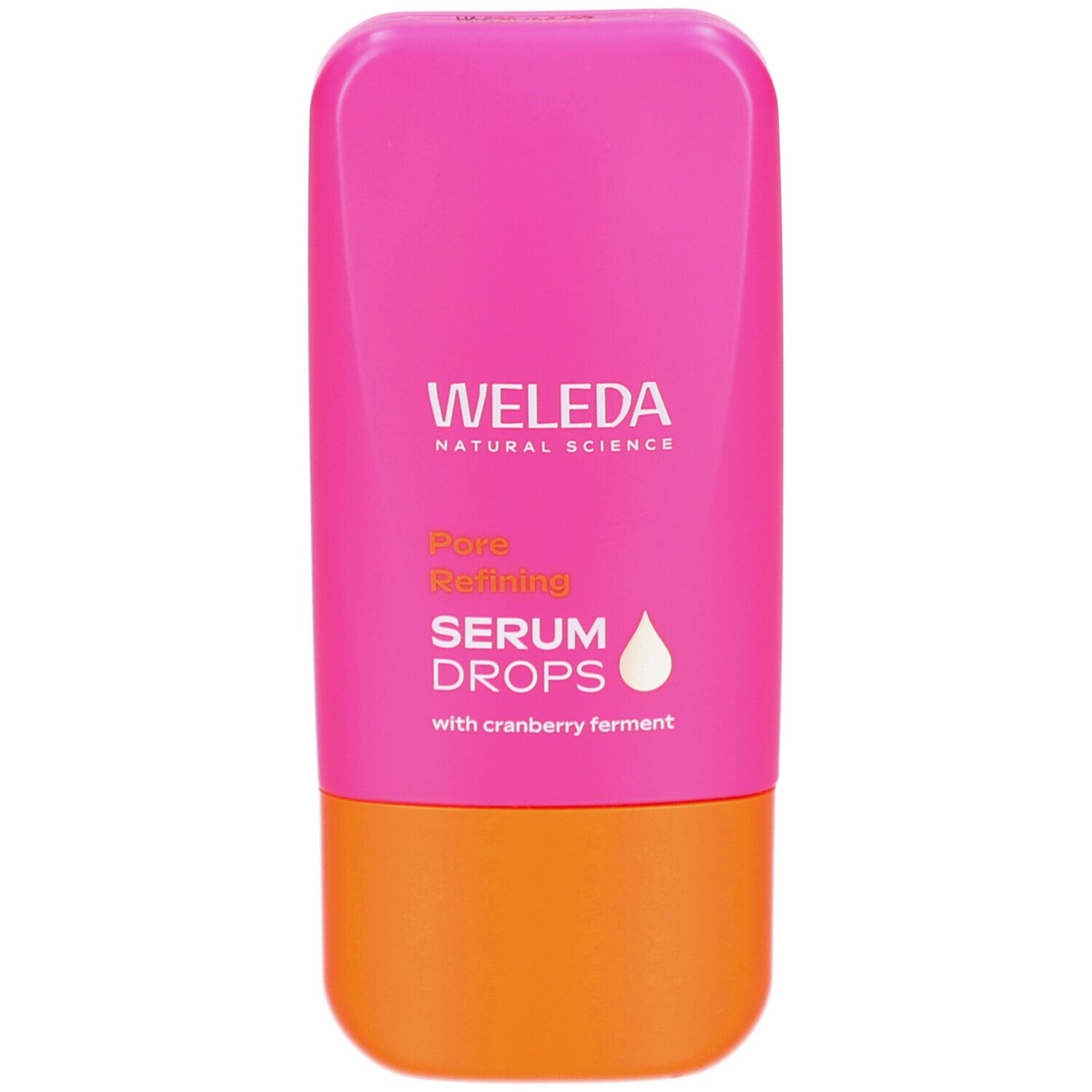 Rosa-orange Flasche. Oben: WELEDA, darunter: SERUM DROPS. Text: Pore Refining, mit Cranberry-Ferment. Tropfen-Symbol.